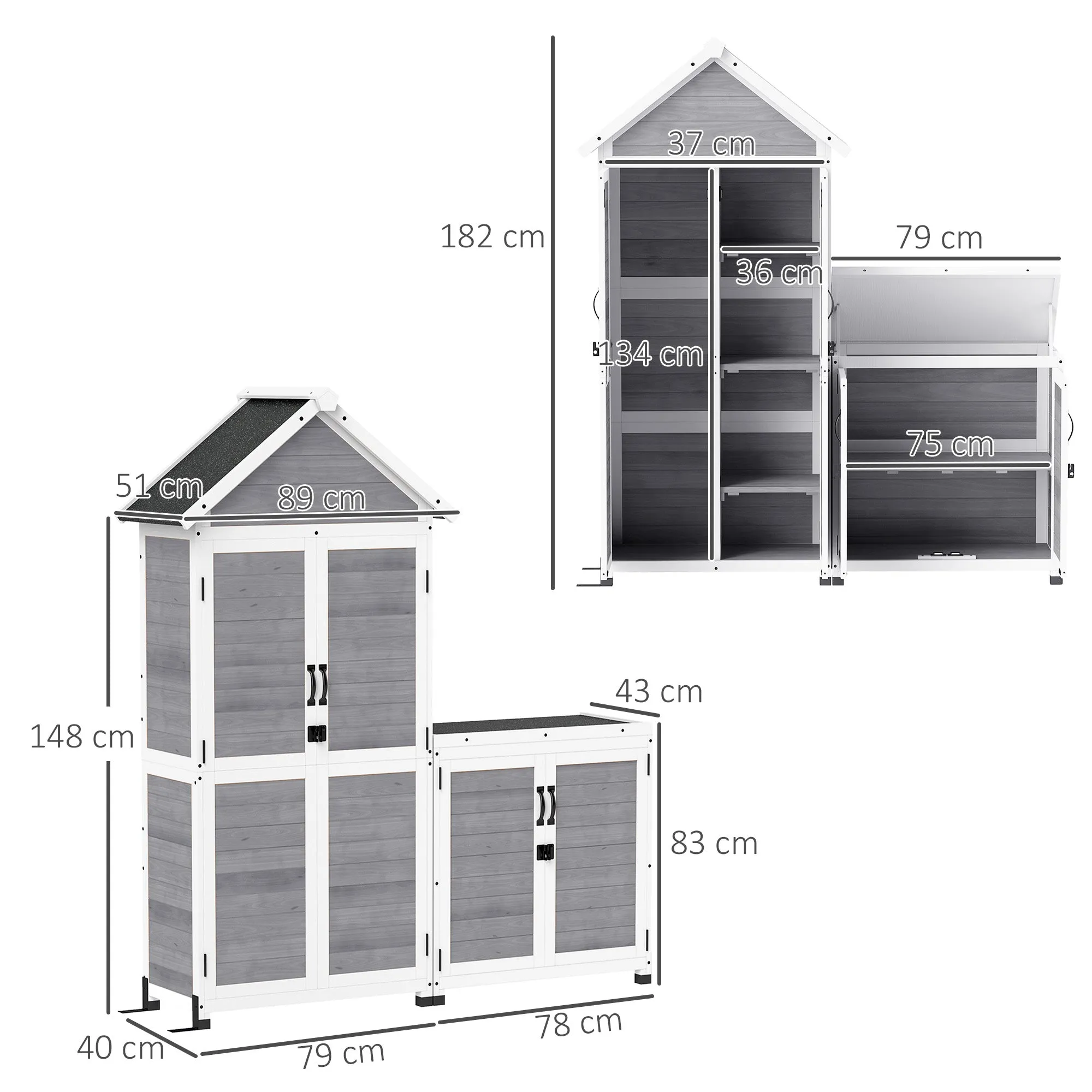 Garden Shed and Outdoor Cabinet with Wooden Opening Roof, Locking Doors, Light Grey - Image 3