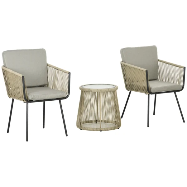 Outdoor Set with Glass Coffee Table and 2 Rattan Garden Chairs Boho Style, Coffee