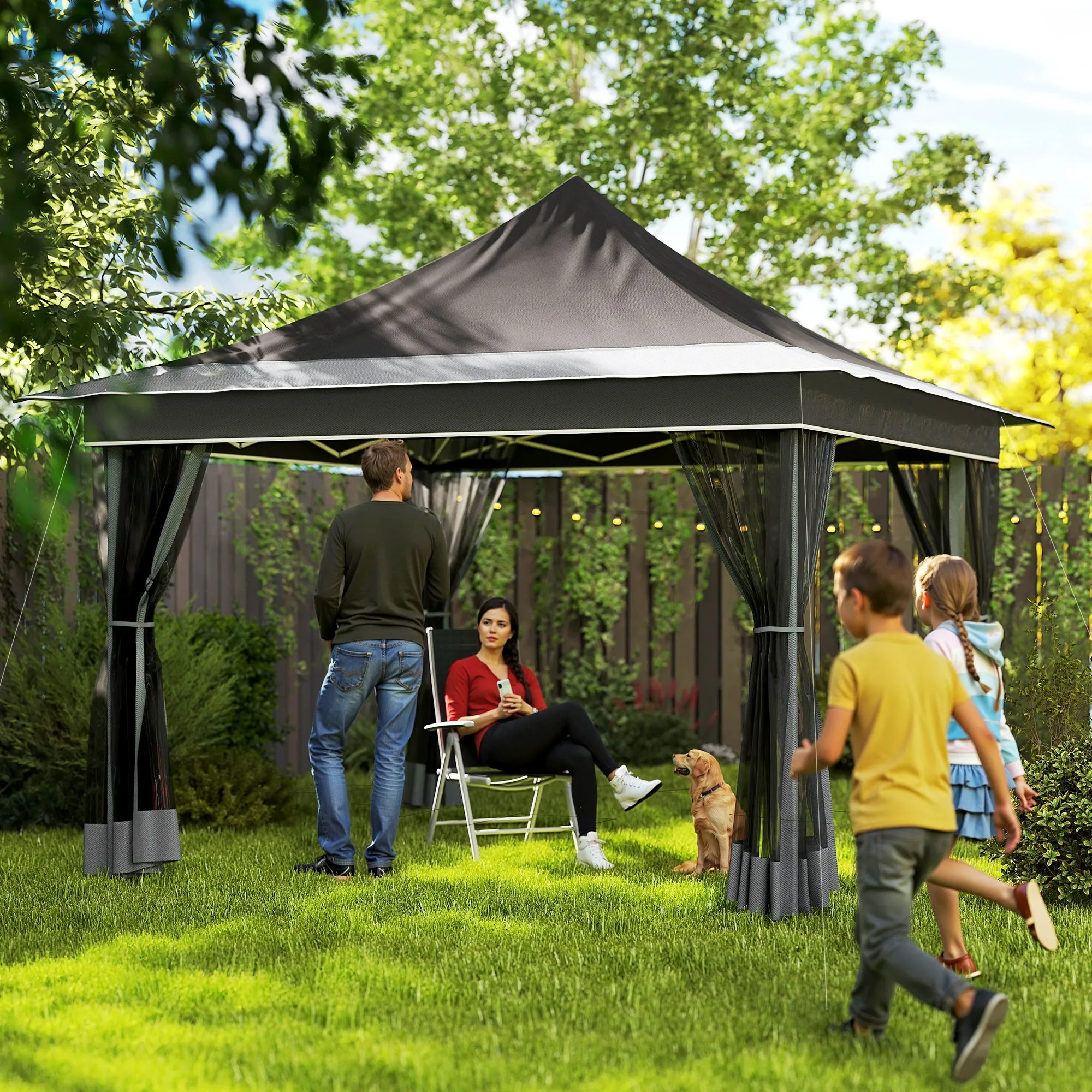 Garden Gazebo with Adjustable Height with Mosquito Net, in Polyester and Metal, 357x357x310 cm, Dark Gray - Image 2