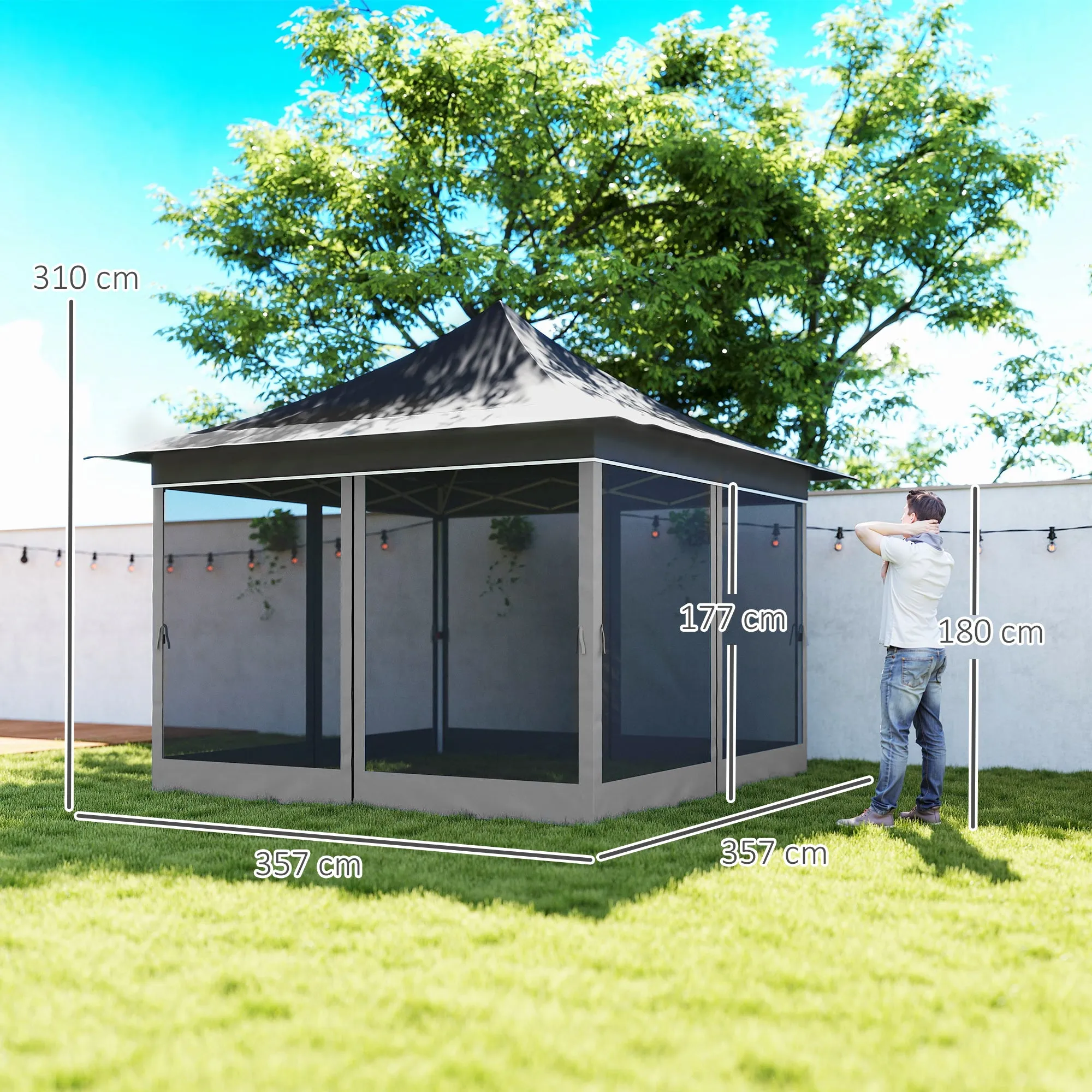 Garden Gazebo with Adjustable Height with Mosquito Net, in Polyester and Metal, 357x357x310 cm, Dark Gray - Image 3
