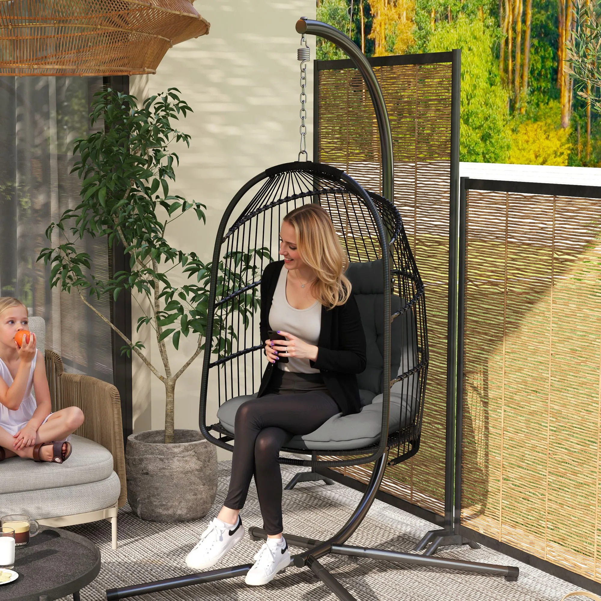 Indoor Outdoor Folding Swing Hanging Chair with Cushion and Headrest, Dark Grey - Image 2