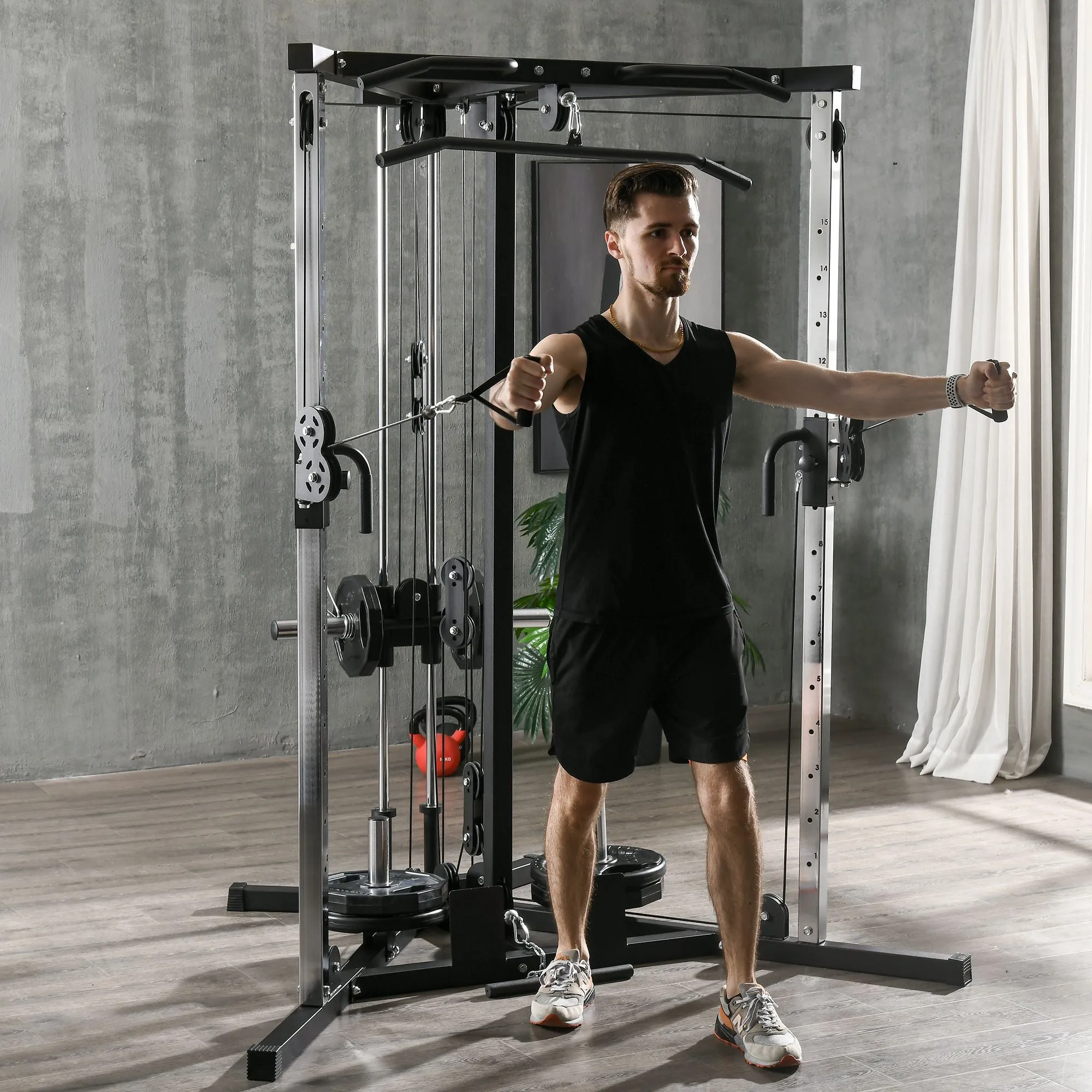 Fitness station for total training with pull-up bar and barbell, in steel, 170x139x200 cm, Black - Image 2