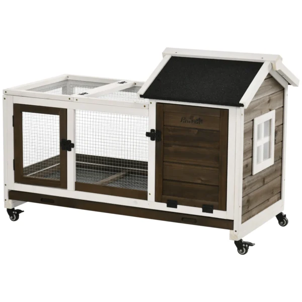 Indoor and Outdoor Wooden Hutch with Wheels, House, Opening Roof and Tray, Brown