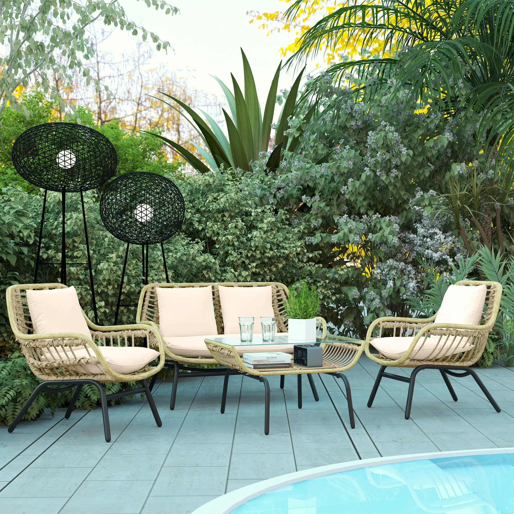 4-piece garden set in PE rattan and metal with sofa, 2 chairs and coffee table, Beige - Image 2