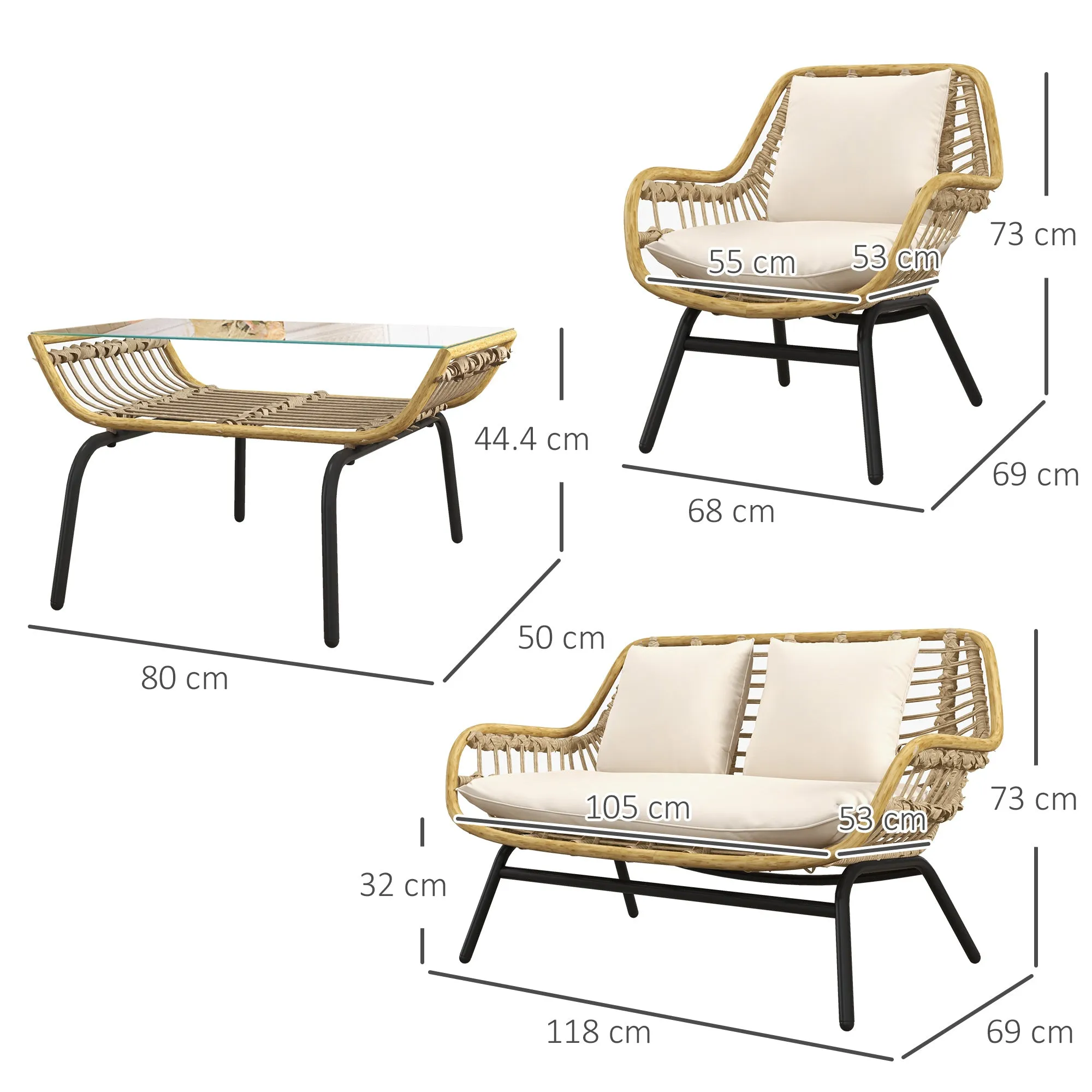 4-piece garden set in PE rattan and metal with sofa, 2 chairs and coffee table, Beige - Image 3