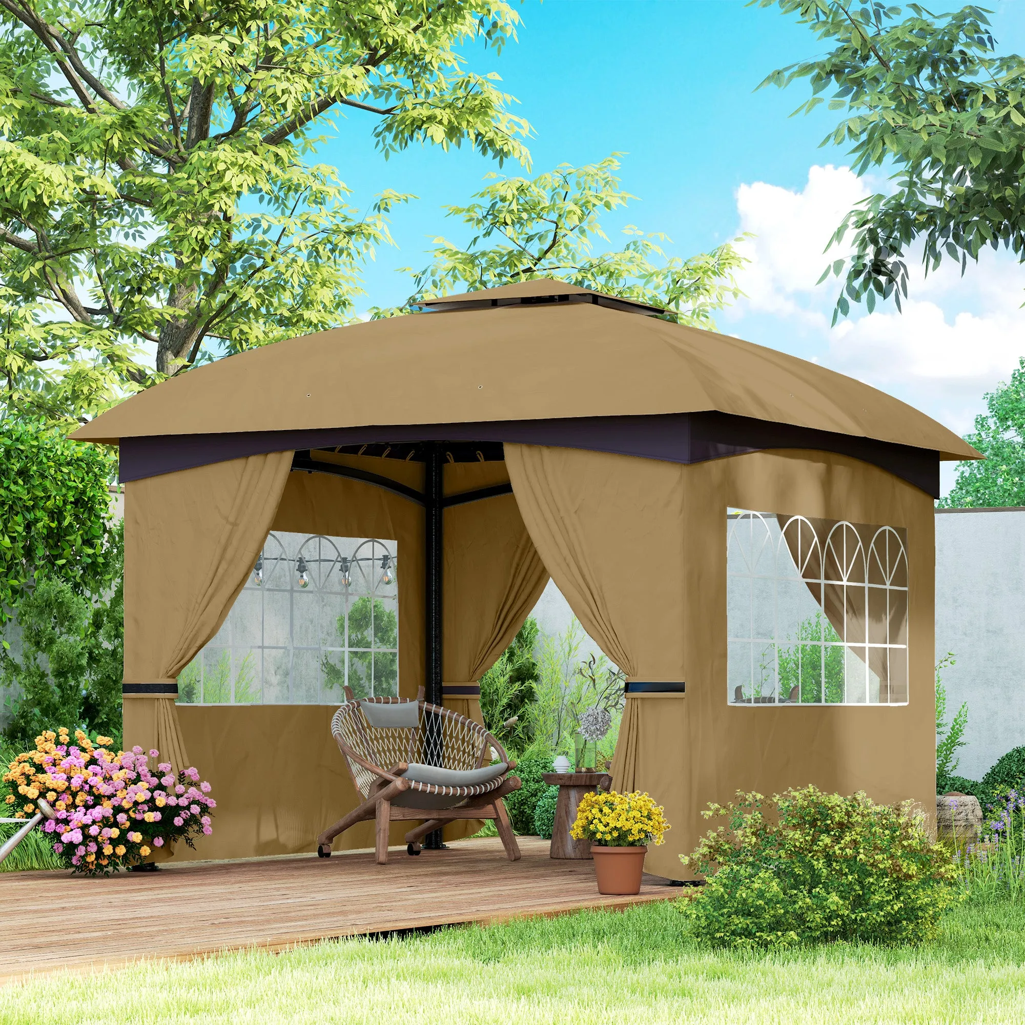 Garden Gazebo 3.4x3.4m with Walls, UV Protection and 2-Tier Roof, Beige - Image 2