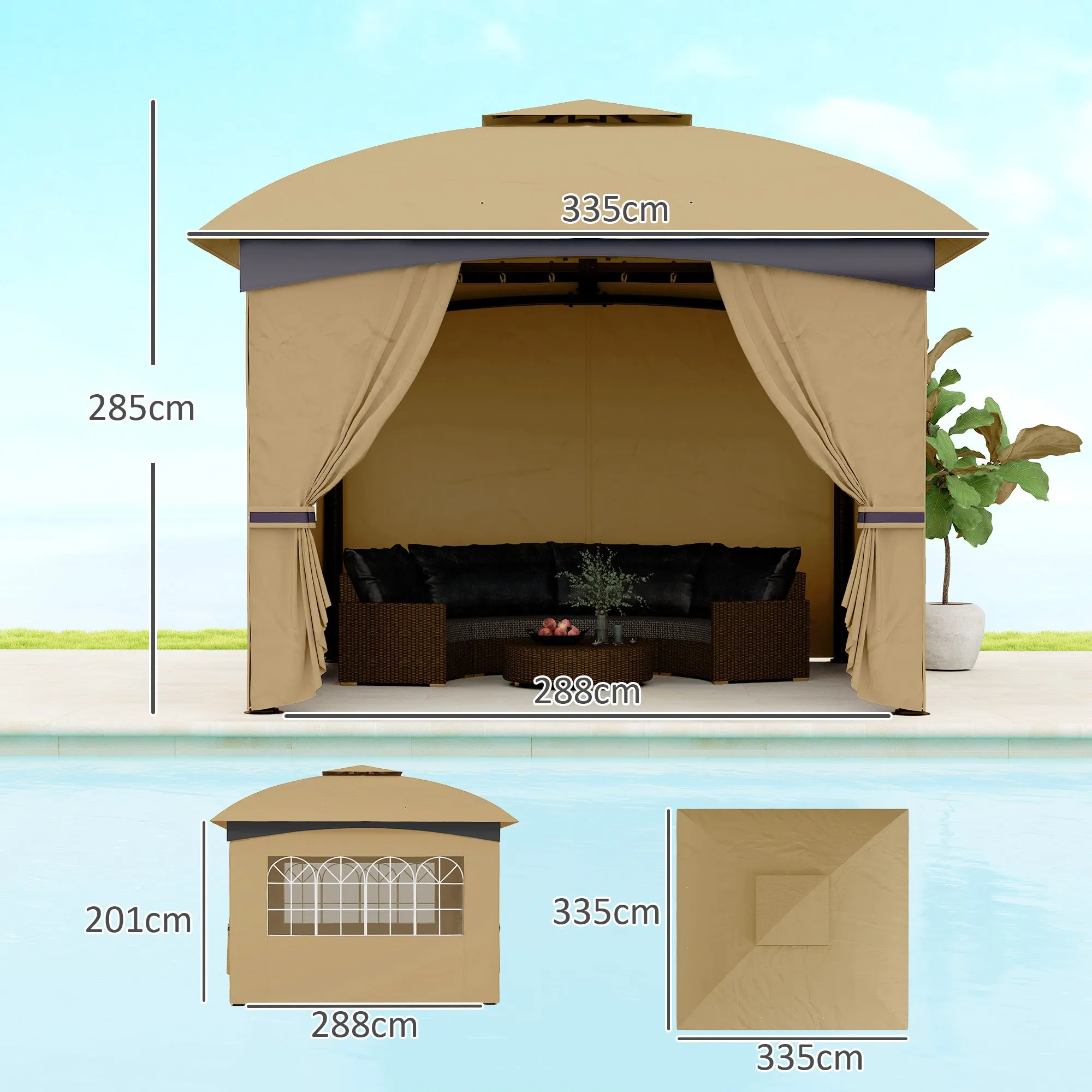 Garden Gazebo 3.4x3.4m with Walls, UV Protection and 2-Tier Roof, Beige - Image 3