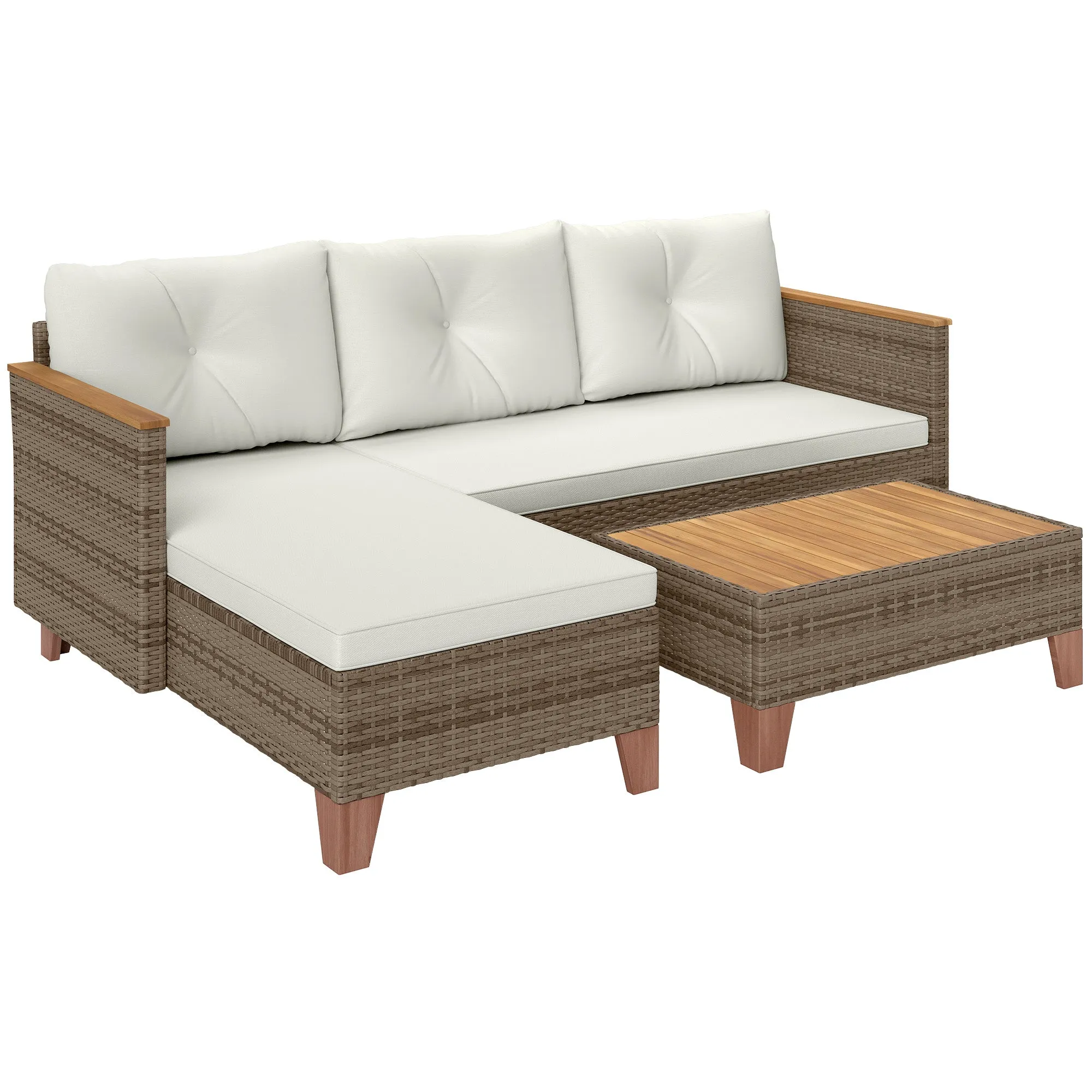 PE Rattan Garden Lounge with 2-Seater Sofa, Chaise Longue and Coffee Table, Cream