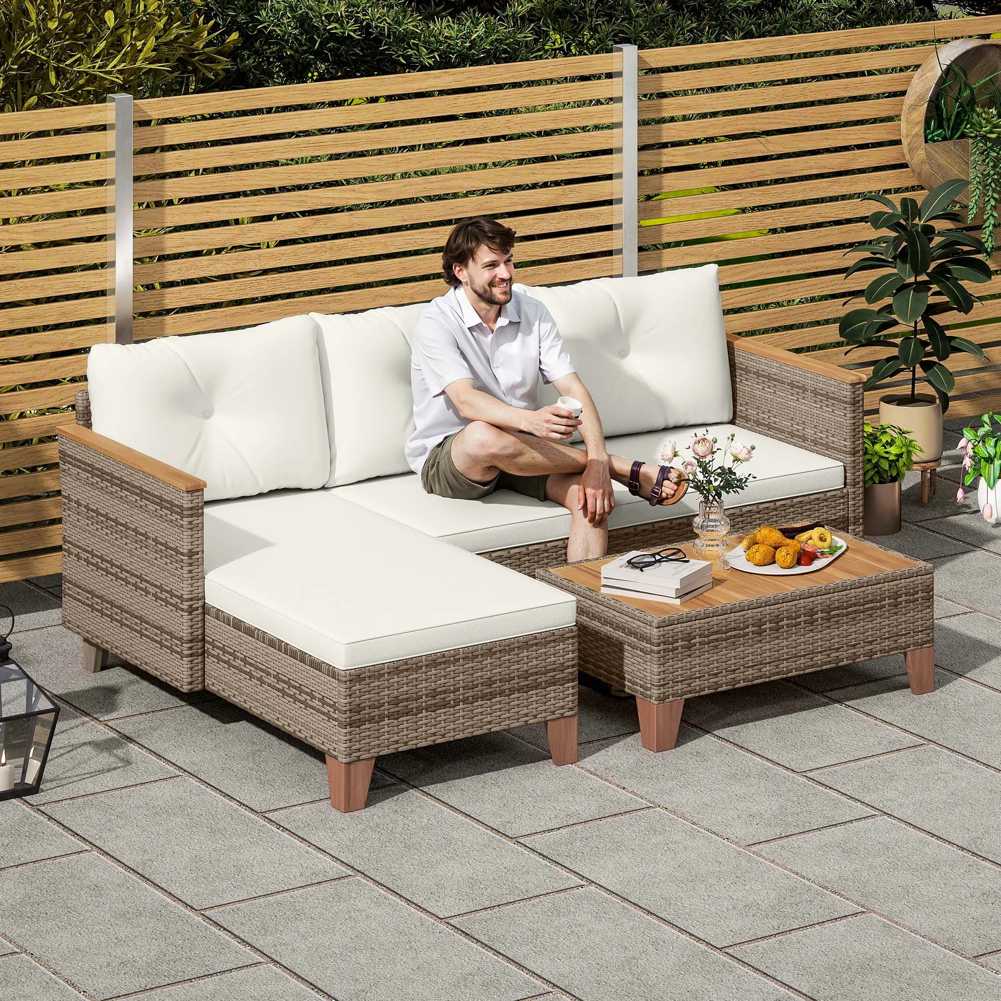 PE Rattan Garden Lounge with 2-Seater Sofa, Chaise Longue and Coffee Table, Cream - Image 2