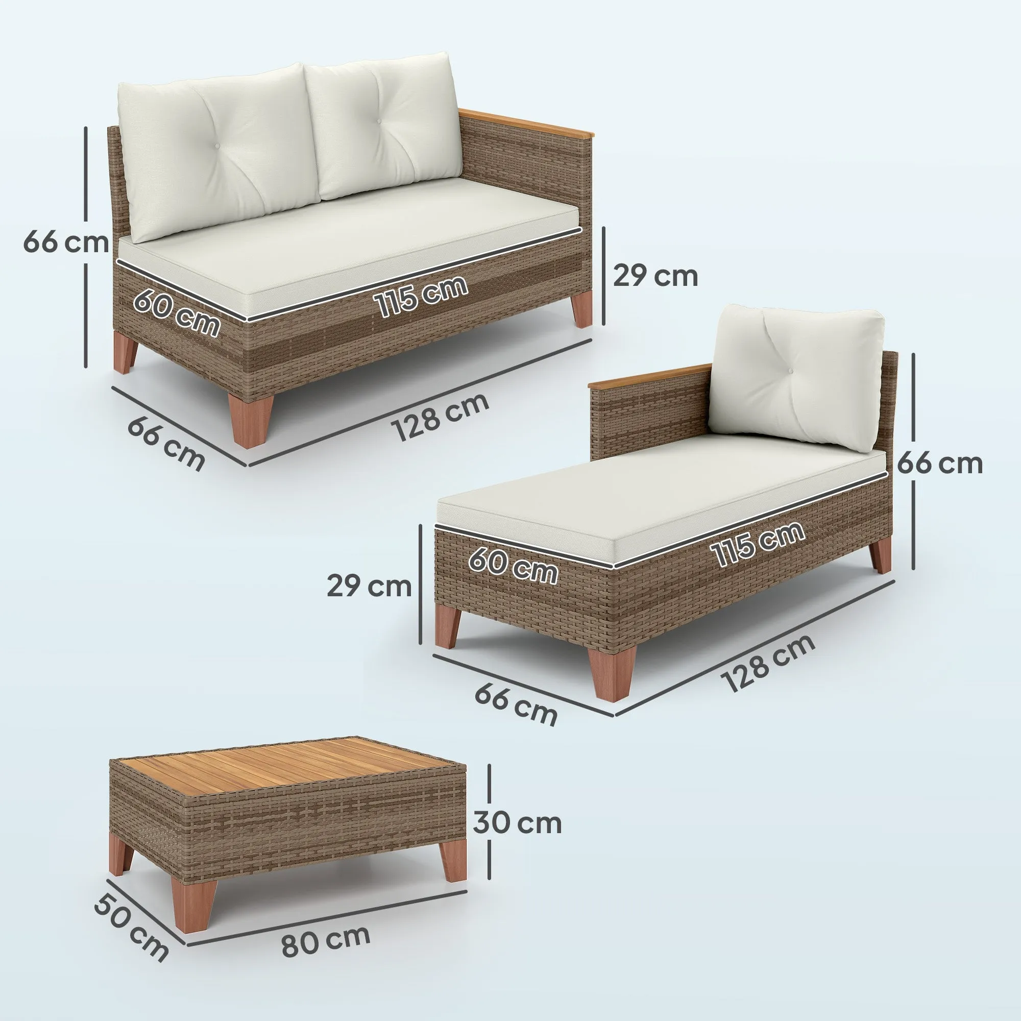 PE Rattan Garden Lounge with 2-Seater Sofa, Chaise Longue and Coffee Table, Cream - Image 3