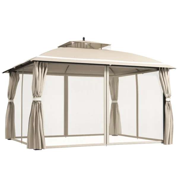 Garden Gazebo 3.7 x 3 m with Mosquito Net, Side Curtains and Double Roof, Beige