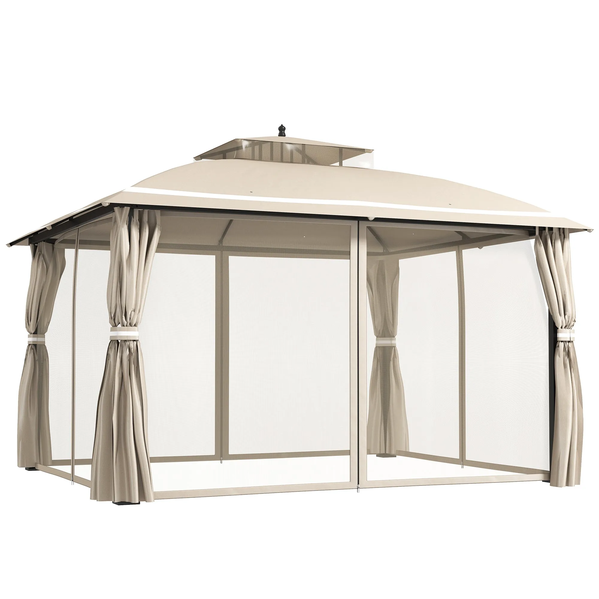 Garden Gazebo 3.7 x 3 m with Mosquito Net, Side Curtains and Double Roof, Beige