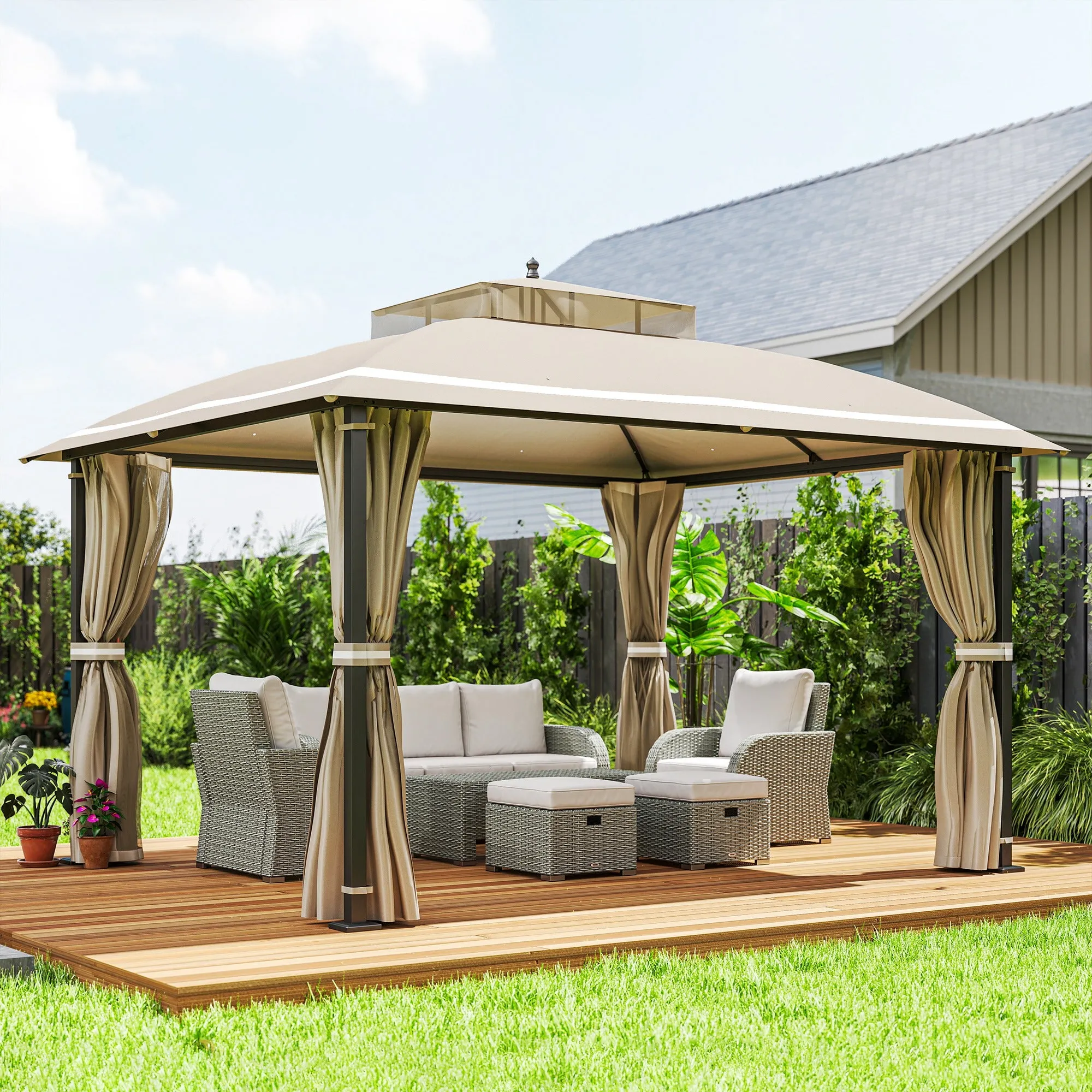 Garden Gazebo 3.7 x 3 m with Mosquito Net, Side Curtains and Double Roof, Beige - Image 2