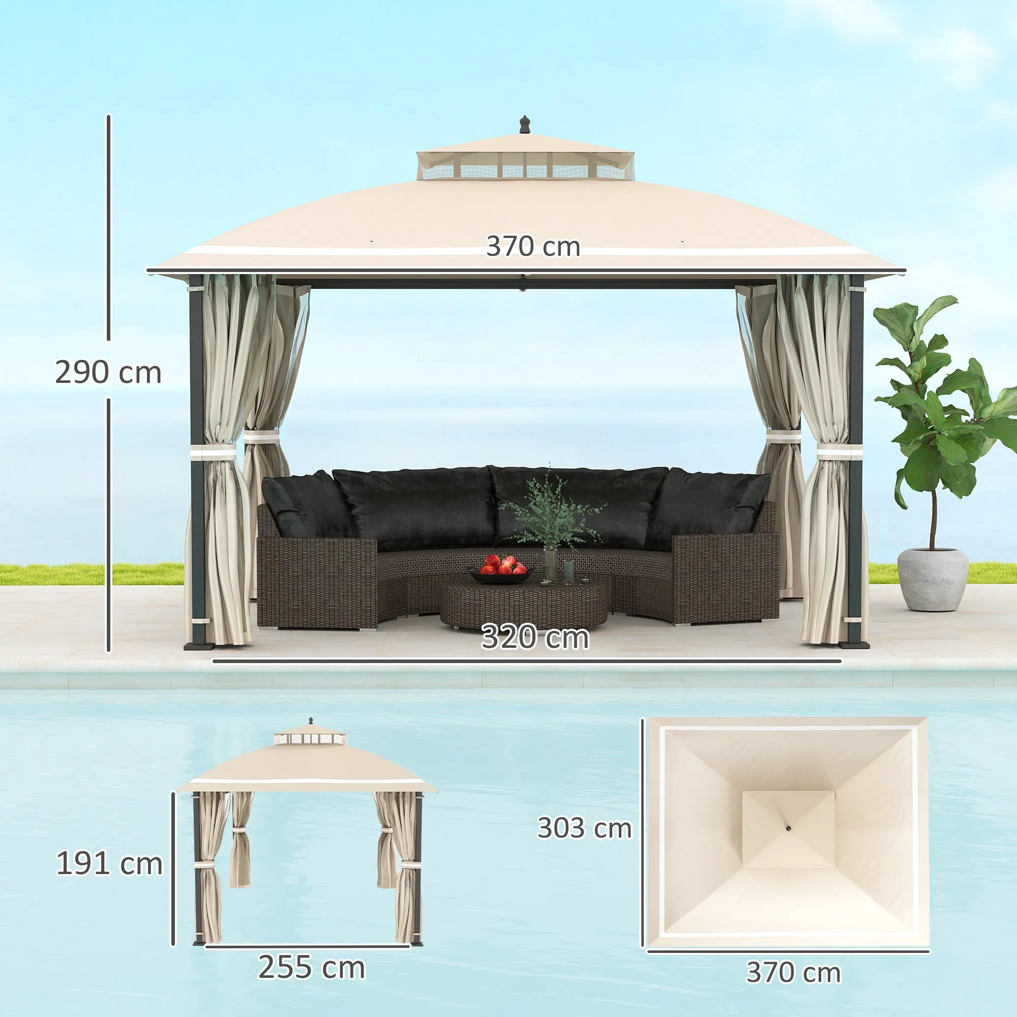 Garden Gazebo 3.7 x 3 m with Mosquito Net, Side Curtains and Double Roof, Beige - Image 3