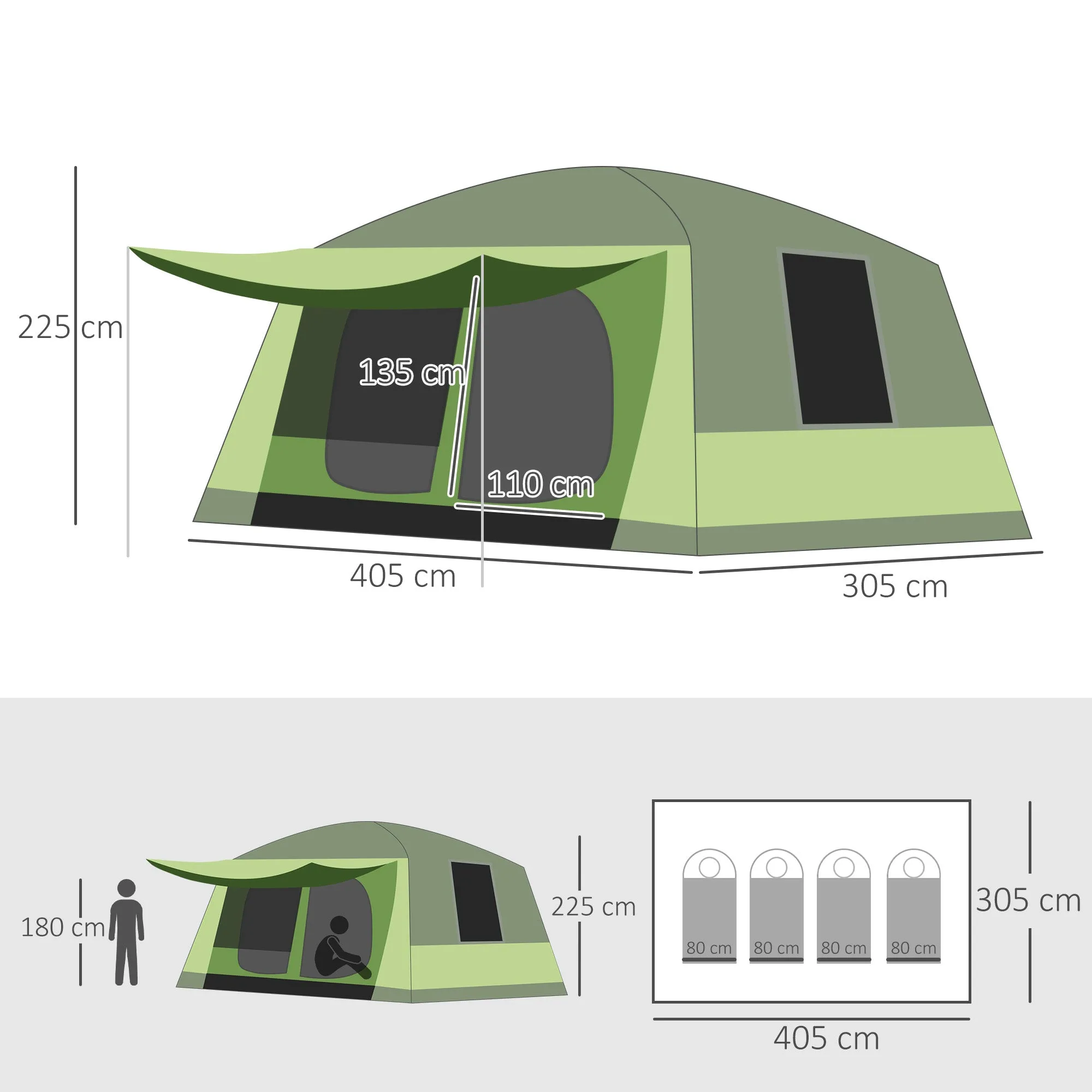 Camping Tent with Veranda, Family Tent for 8 People, Polyester, 405x305x225cm - Image 3