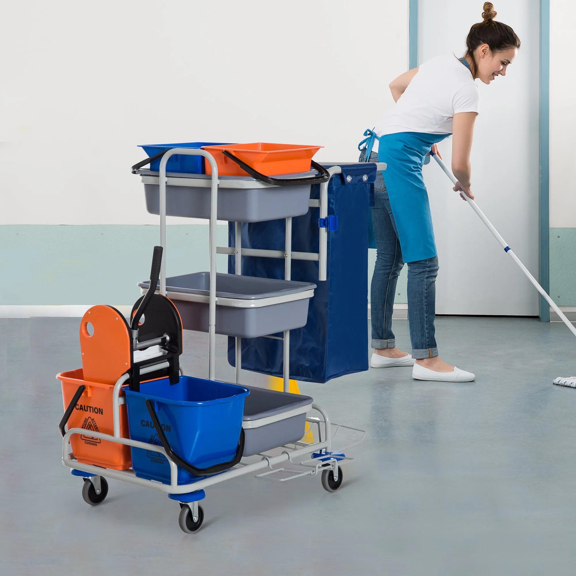 Multipurpose Professional Cleaning Cart with 4 Buckets Wheels Canvas Bag 118 × 73 × 103cm - Image 2