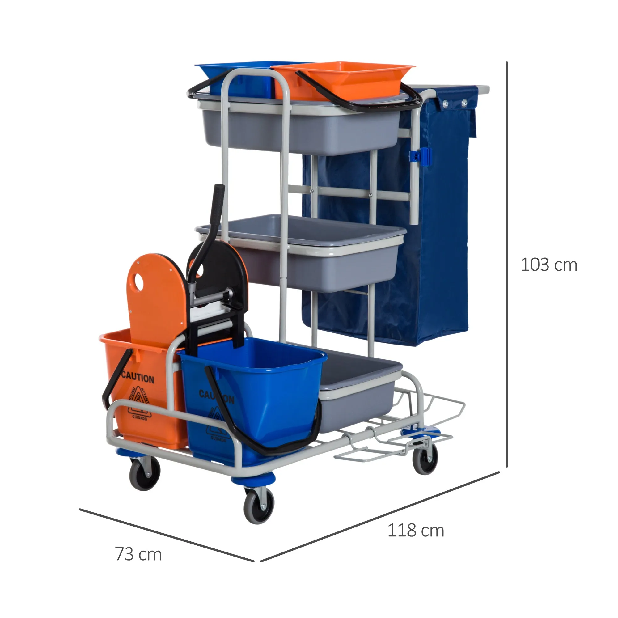 Multipurpose Professional Cleaning Cart with 4 Buckets Wheels Canvas Bag 118 × 73 × 103cm - Image 3
