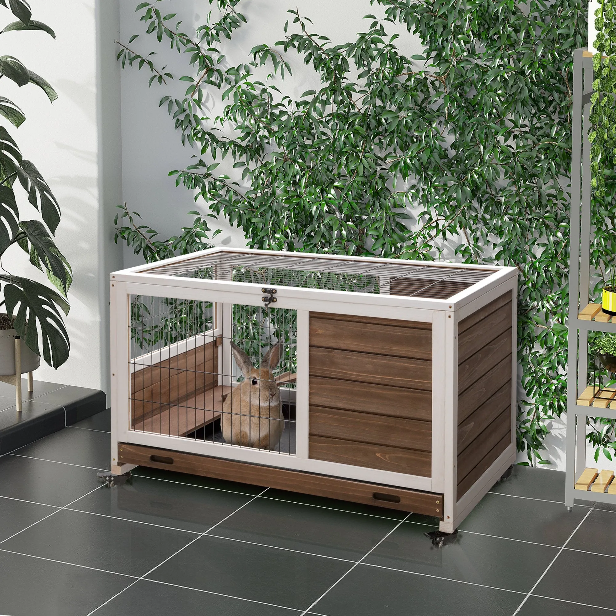 Wooden Rabbit Hutch with 4 Wheels, Rabbit House and Ramp, 90x53x59cm, Brown - Image 2