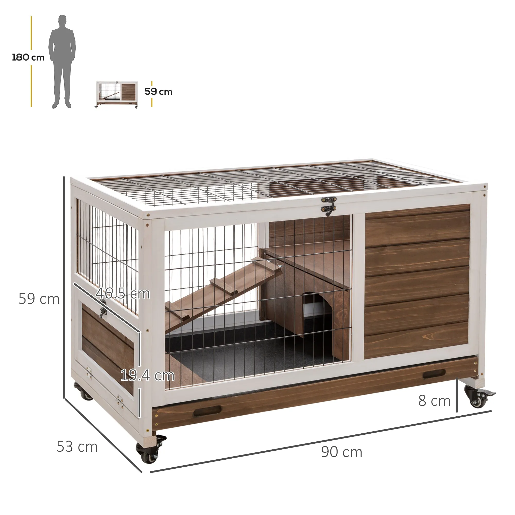 Wooden Rabbit Hutch with 4 Wheels, Rabbit House and Ramp, 90x53x59cm, Brown - Image 3
