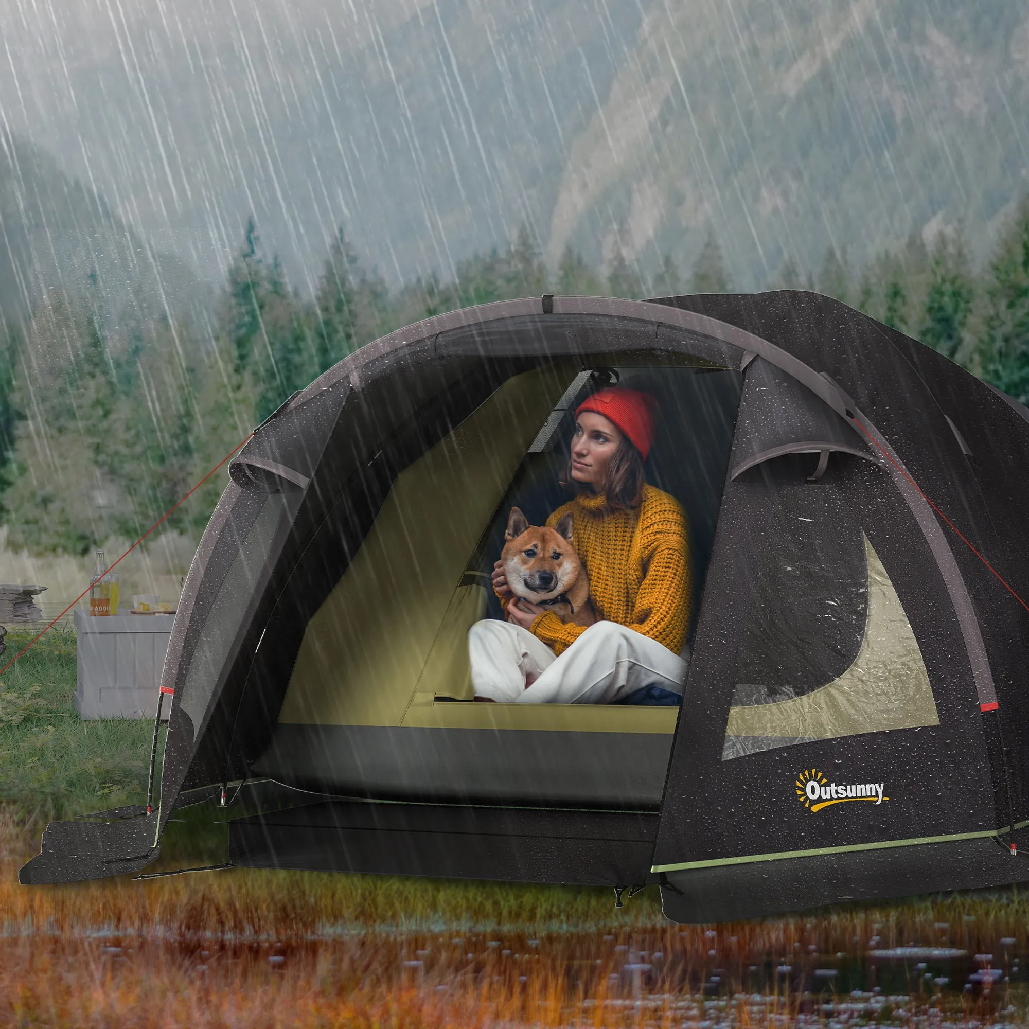 Tunnel Tent for 2-4 People with Side Windows and Hook, 190T Polyester and PE, 3.3x1.9x1.2 m, Black - Image 2