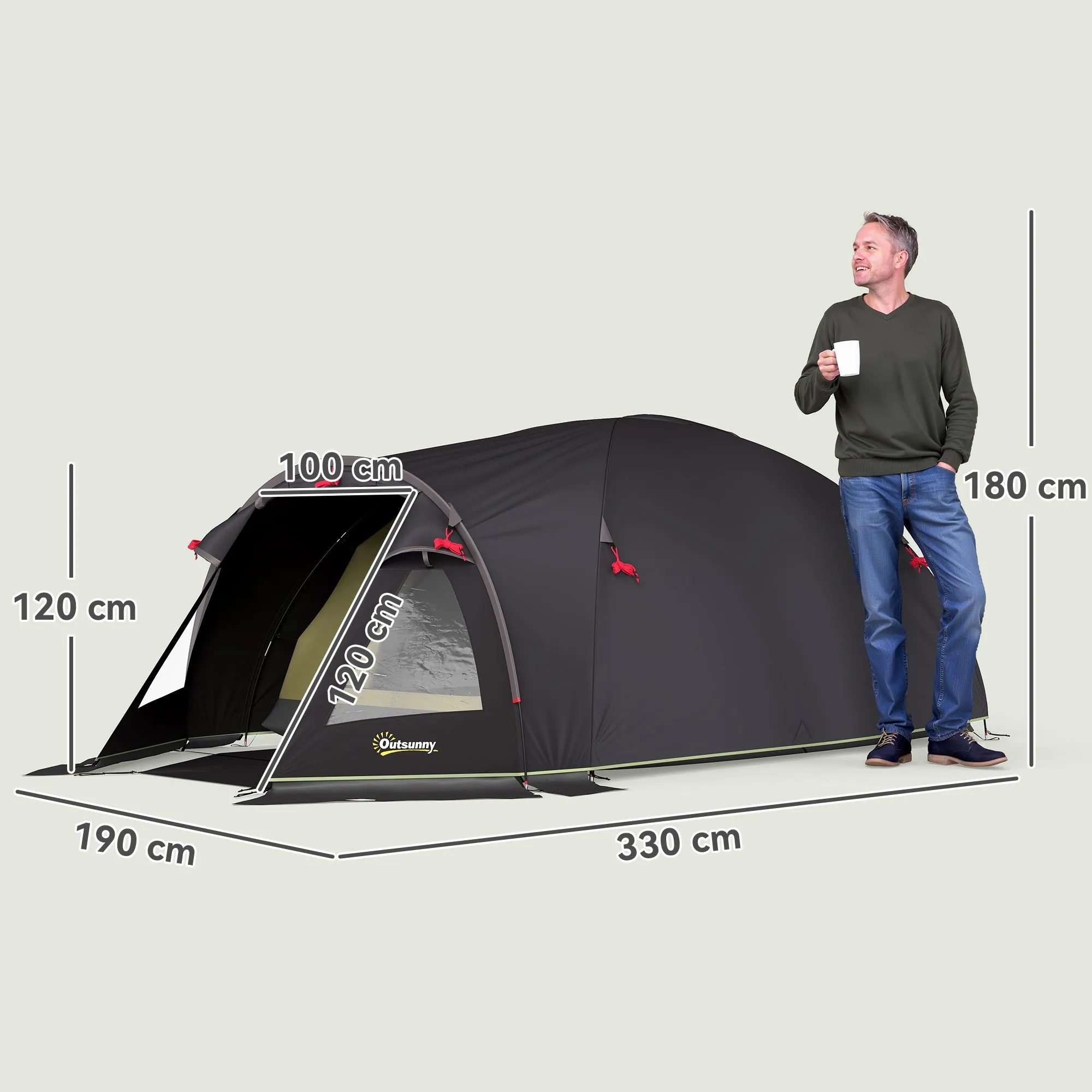 Tunnel Tent for 2-4 People with Side Windows and Hook, 190T Polyester and PE, 3.3x1.9x1.2 m, Black - Image 3