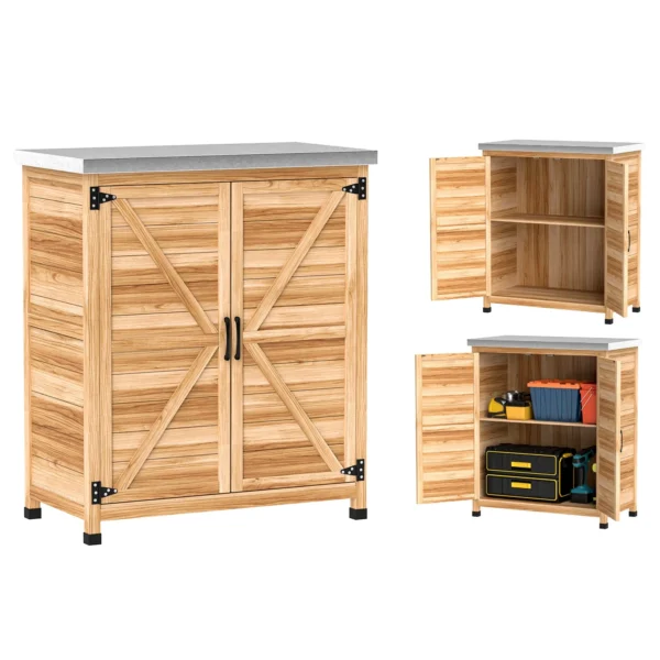 Outdoor Cabinet with Internal Shelf and Work Bench, in Wood and Galvanized Steel, 79x43x92 cm, Wood color