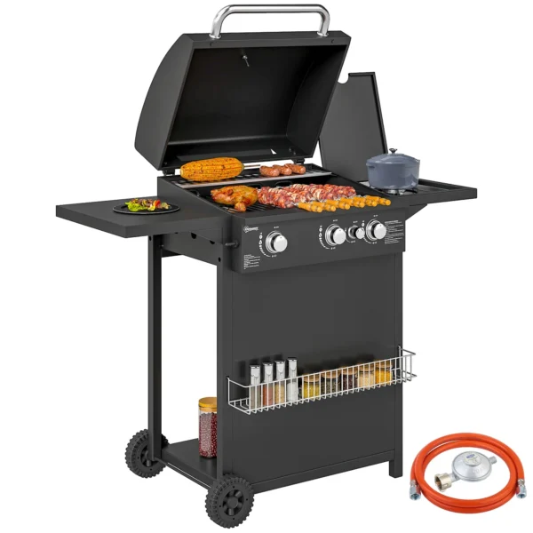 Gas Barbecue with Independent Burners, Lid with Thermometer and Side Table, Black