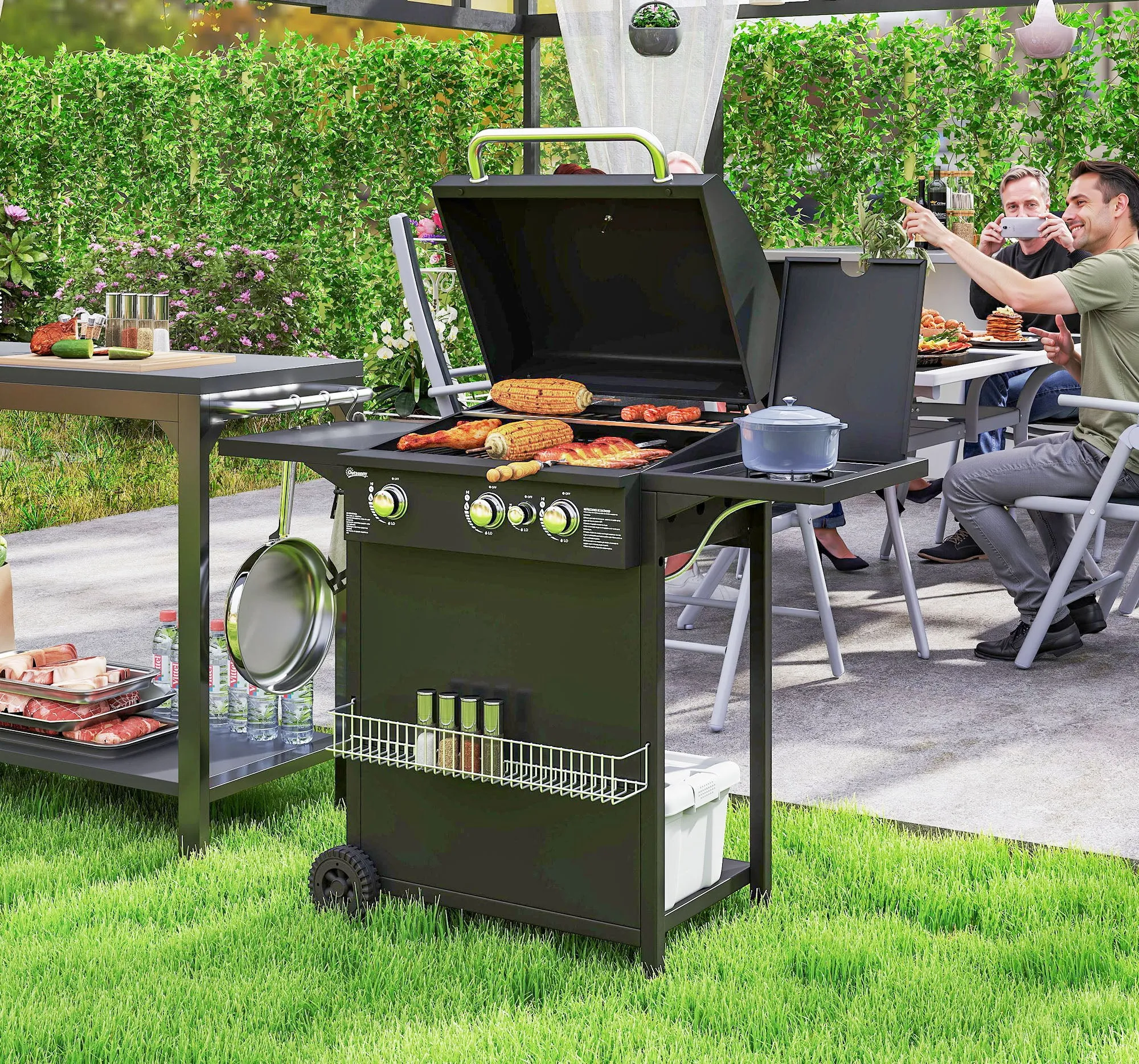 Gas Barbecue with Independent Burners, Lid with Thermometer and Side Table, Black - Image 2