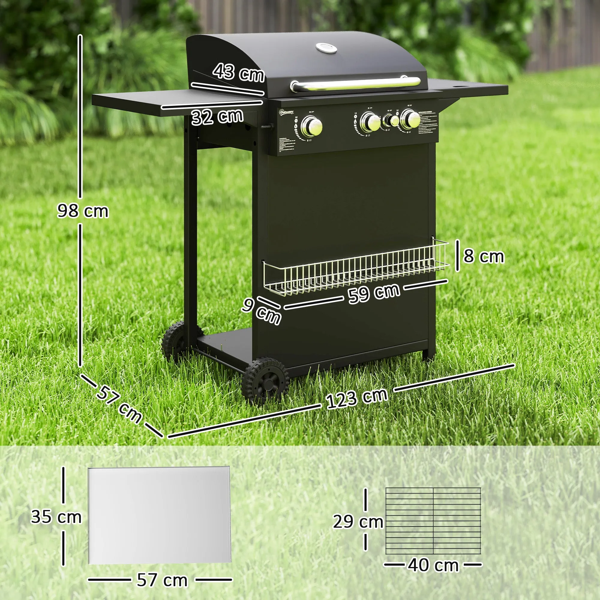 Gas Barbecue with Independent Burners, Lid with Thermometer and Side Table, Black - Image 3