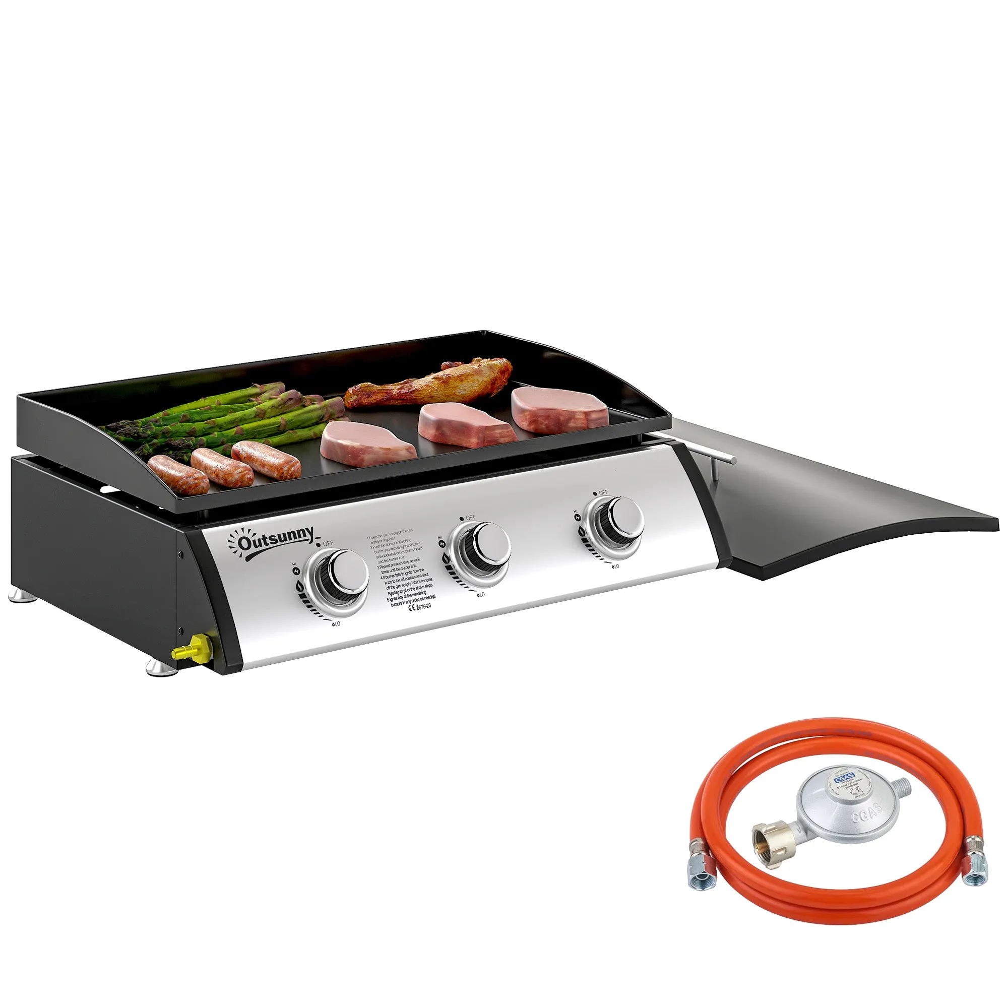 Enamelled Steel Gas Hob with 3 Burners Power 7.5kW, 3 Cooking Zones and Lid, Black