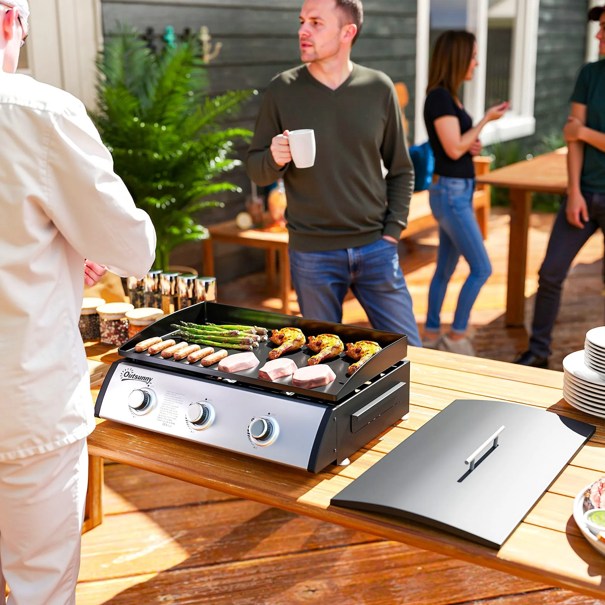 Enamelled Steel Gas Hob with 3 Burners Power 7.5kW, 3 Cooking Zones and Lid, Black - Image 2