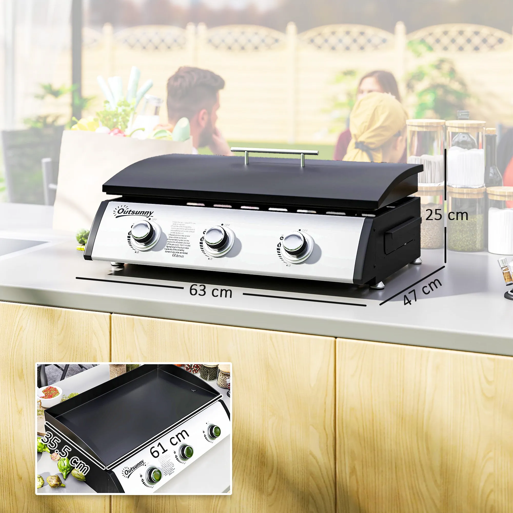 Enamelled Steel Gas Hob with 3 Burners Power 7.5kW, 3 Cooking Zones and Lid, Black - Image 3