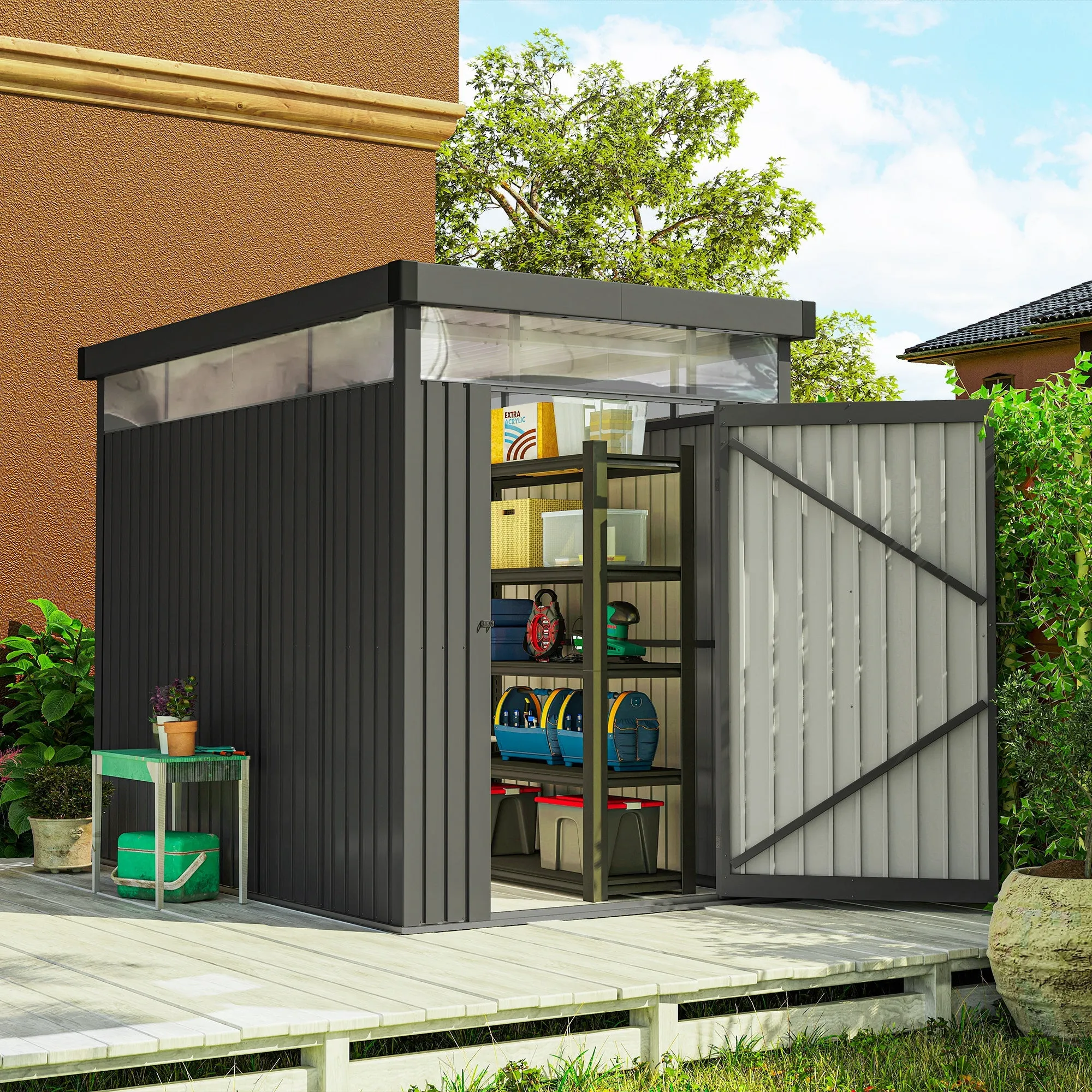 Garden Shed with Acrylic Skylight and Drainage Holes, Steel, 162x259x201 cm, Dark Grey - Image 2