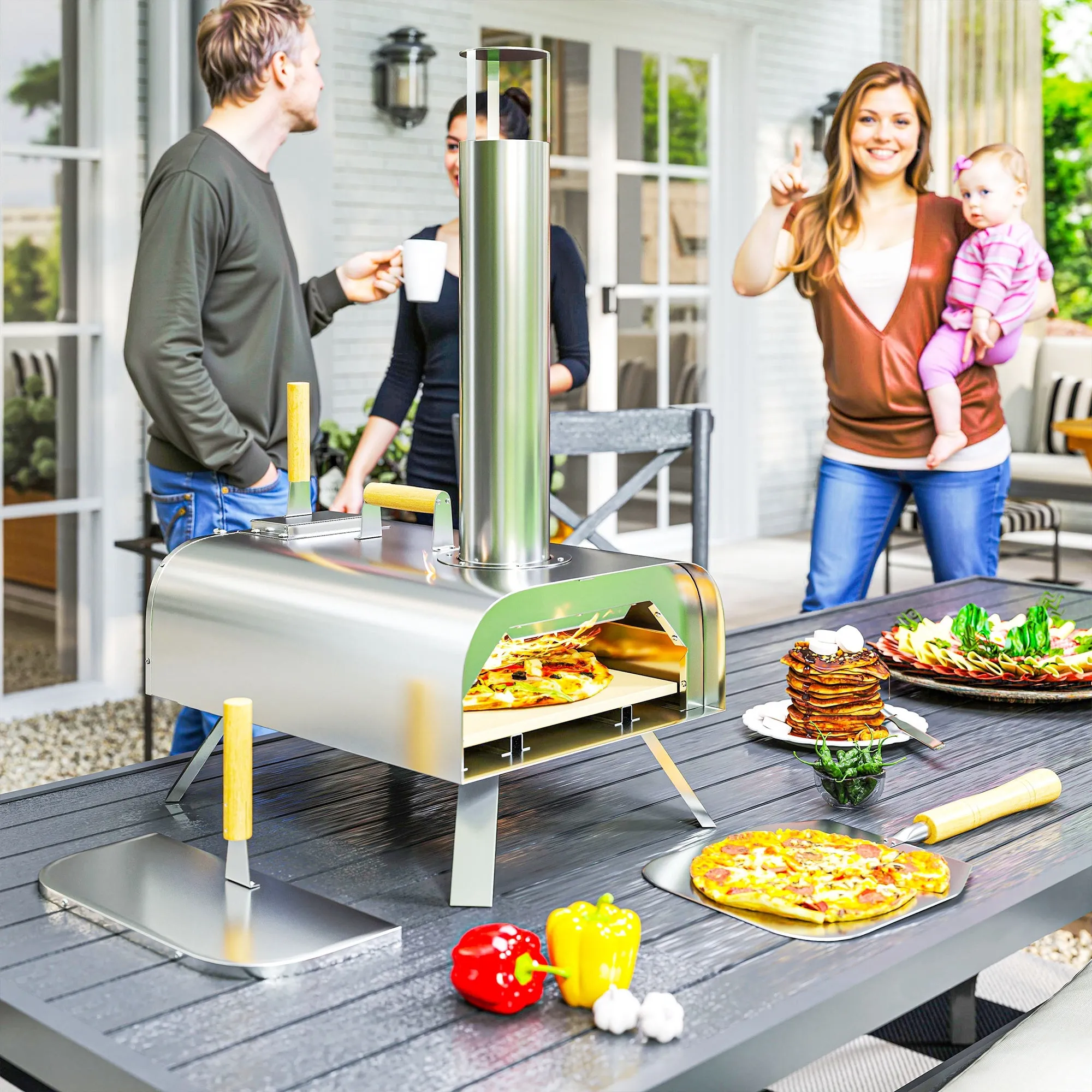 Wood Pellet Pizza Oven with Refractory Stone and Shovel, Stainless Steel, 79x36x75 cm, Silver - Image 2