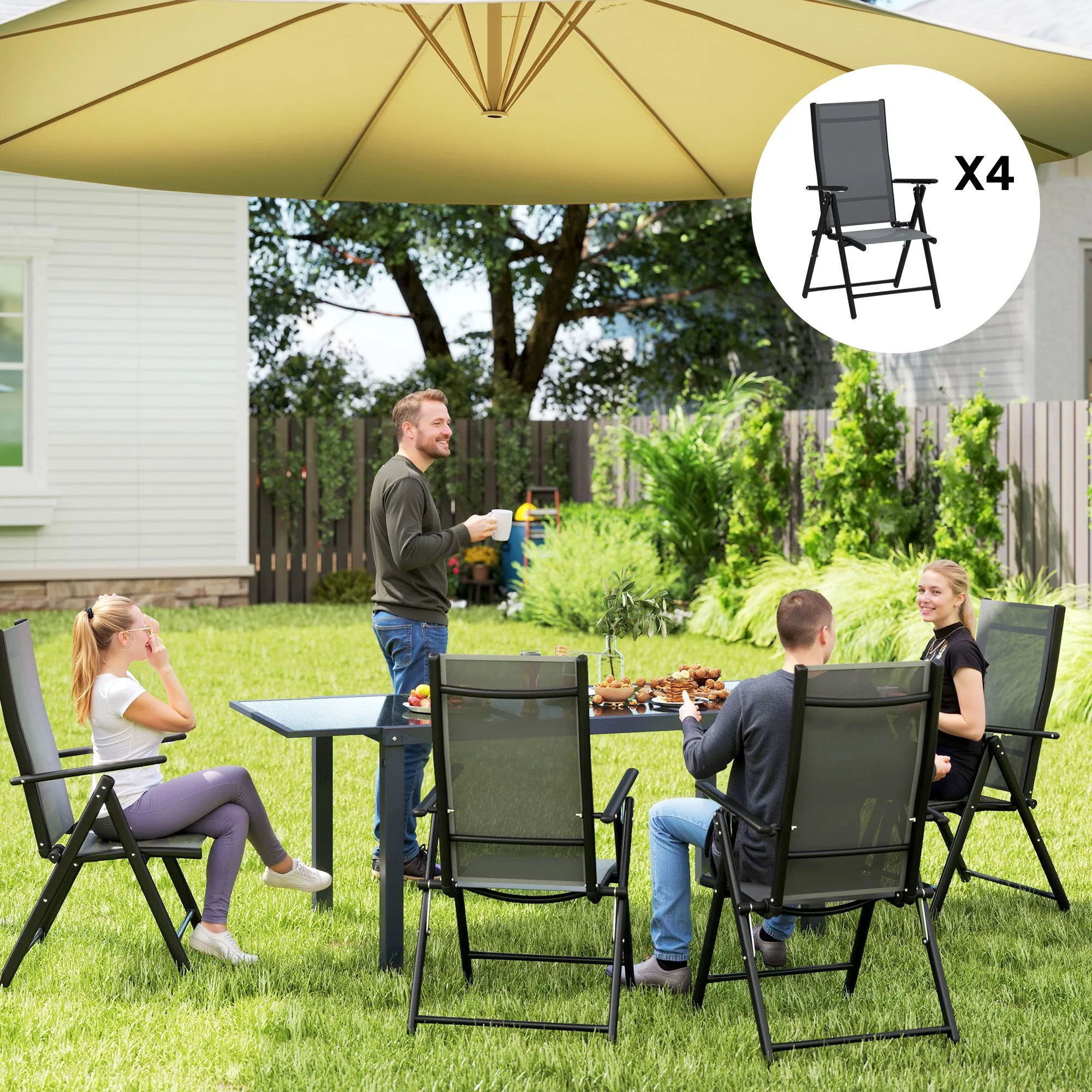 Set of 4 Folding and Breathable Garden Chairs with Armrests, in Steel and Polyester, 56x69x106 cm, Grey - Image 2