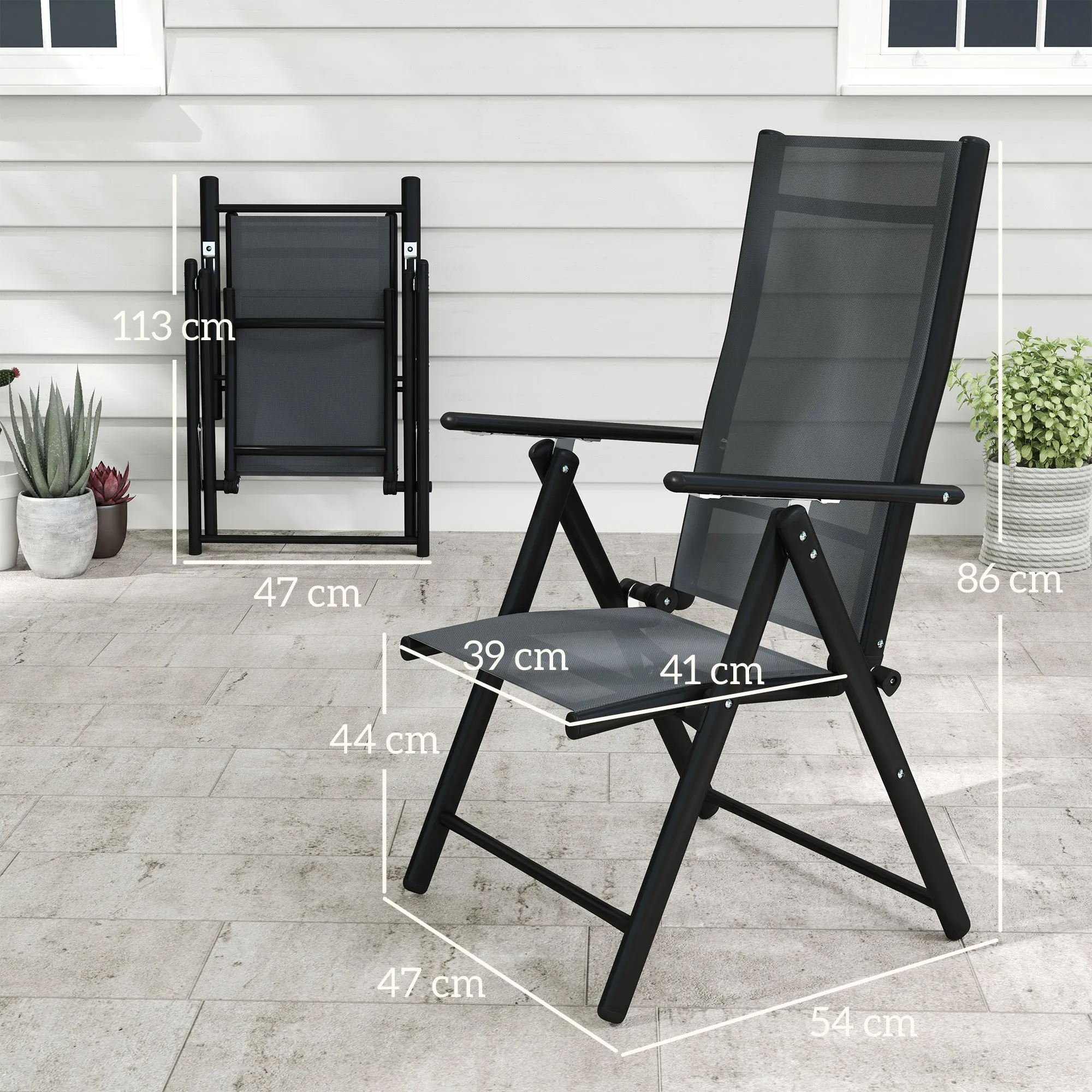 Set of 4 Folding and Breathable Garden Chairs with Armrests, in Steel and Polyester, 56x69x106 cm, Grey - Image 3