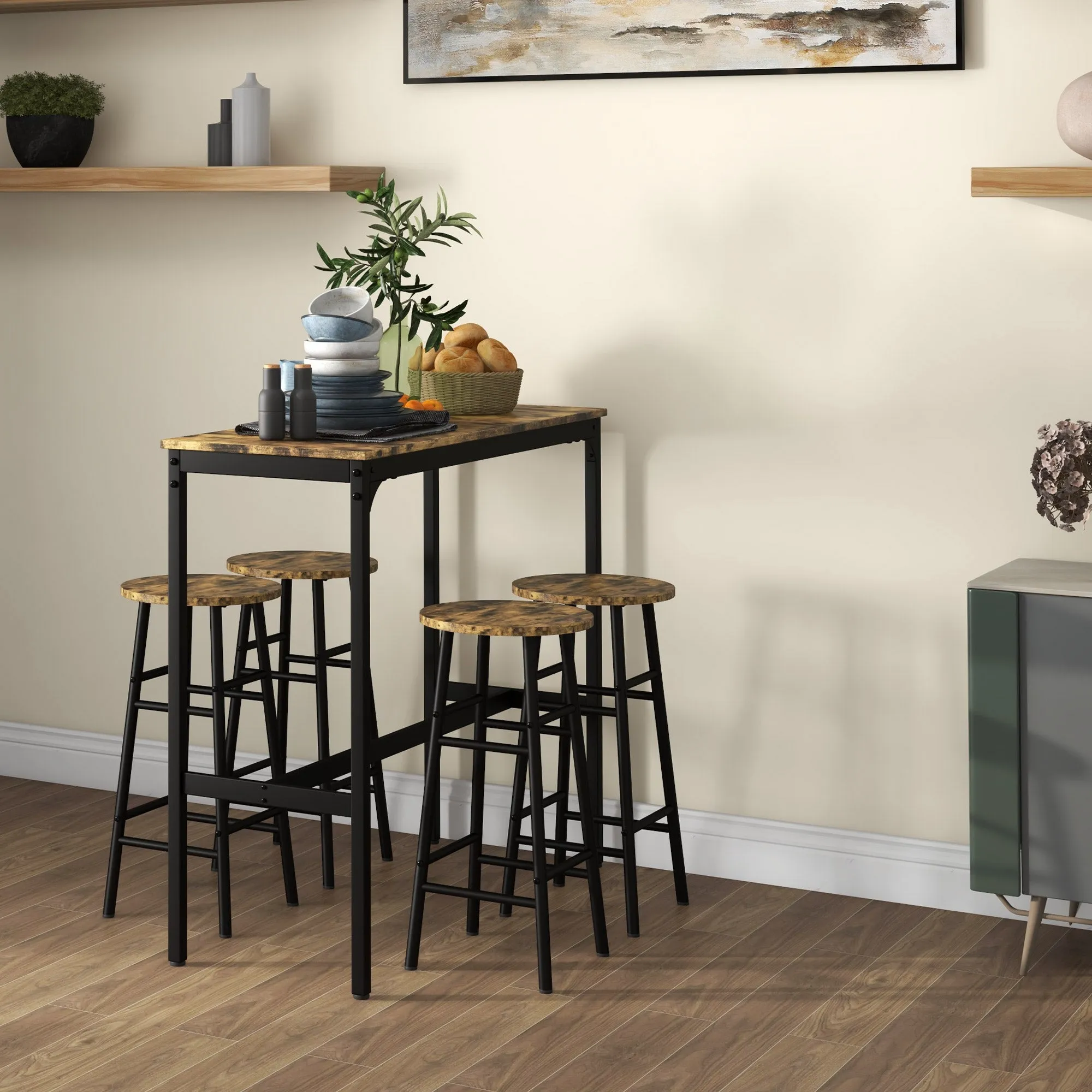 5-Piece Table and Chair Set with 4 Stools with Footrest and Rectangular Table, Black and Brown - Image 2