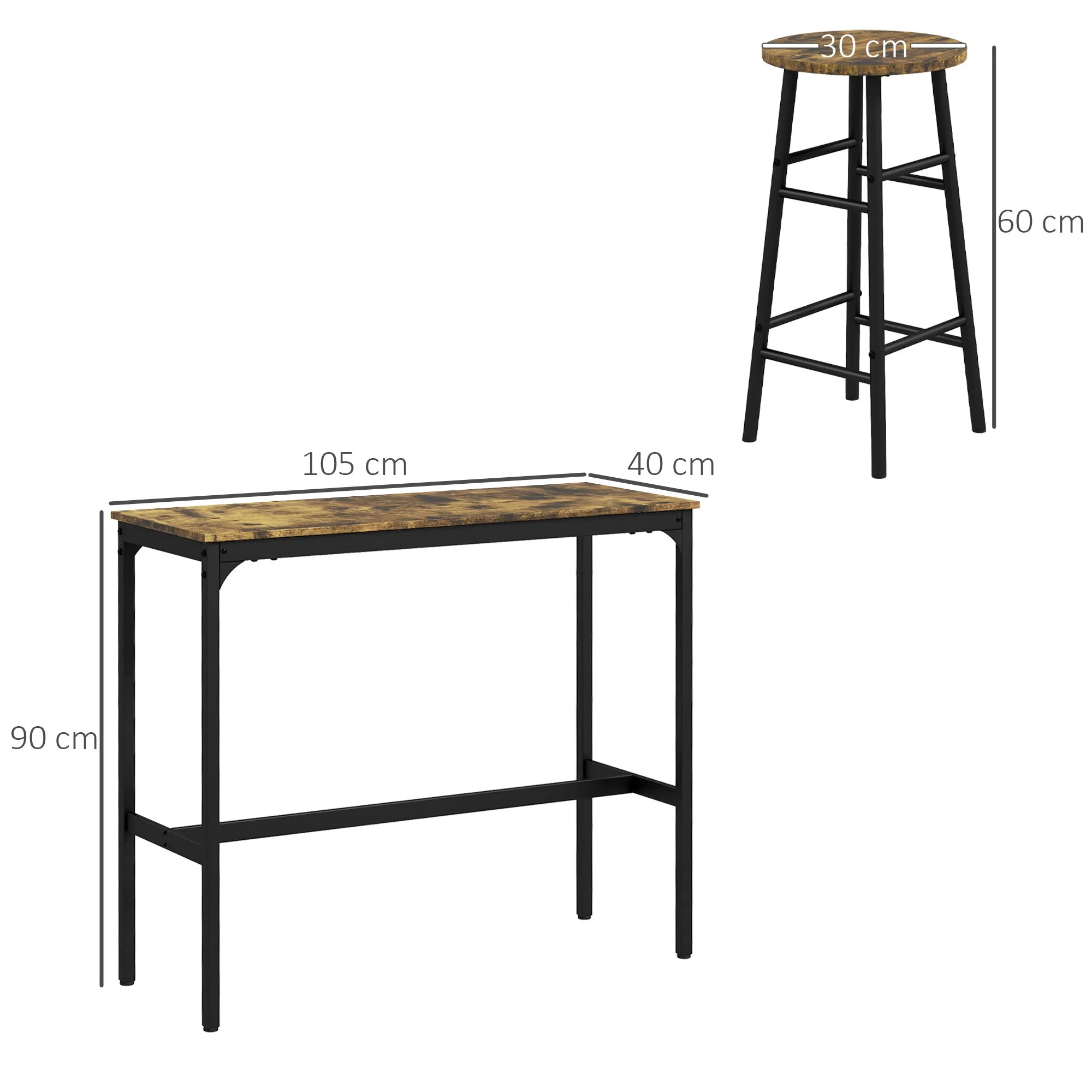 5-Piece Table and Chair Set with 4 Stools with Footrest and Rectangular Table, Black and Brown - Image 3