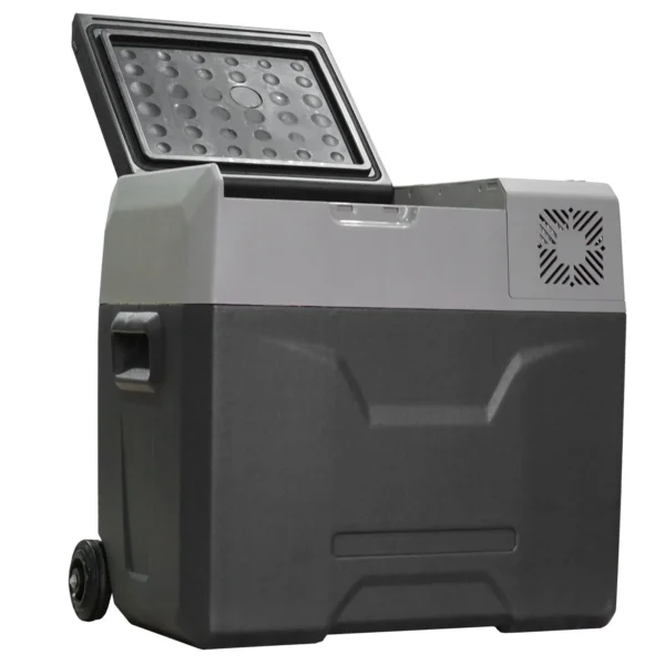 50L Car Fridge with Touch Panel, Handle and 2 Wheels, in Aluminum and Plastic, 58.6x37.8x54.5 cm, Gray