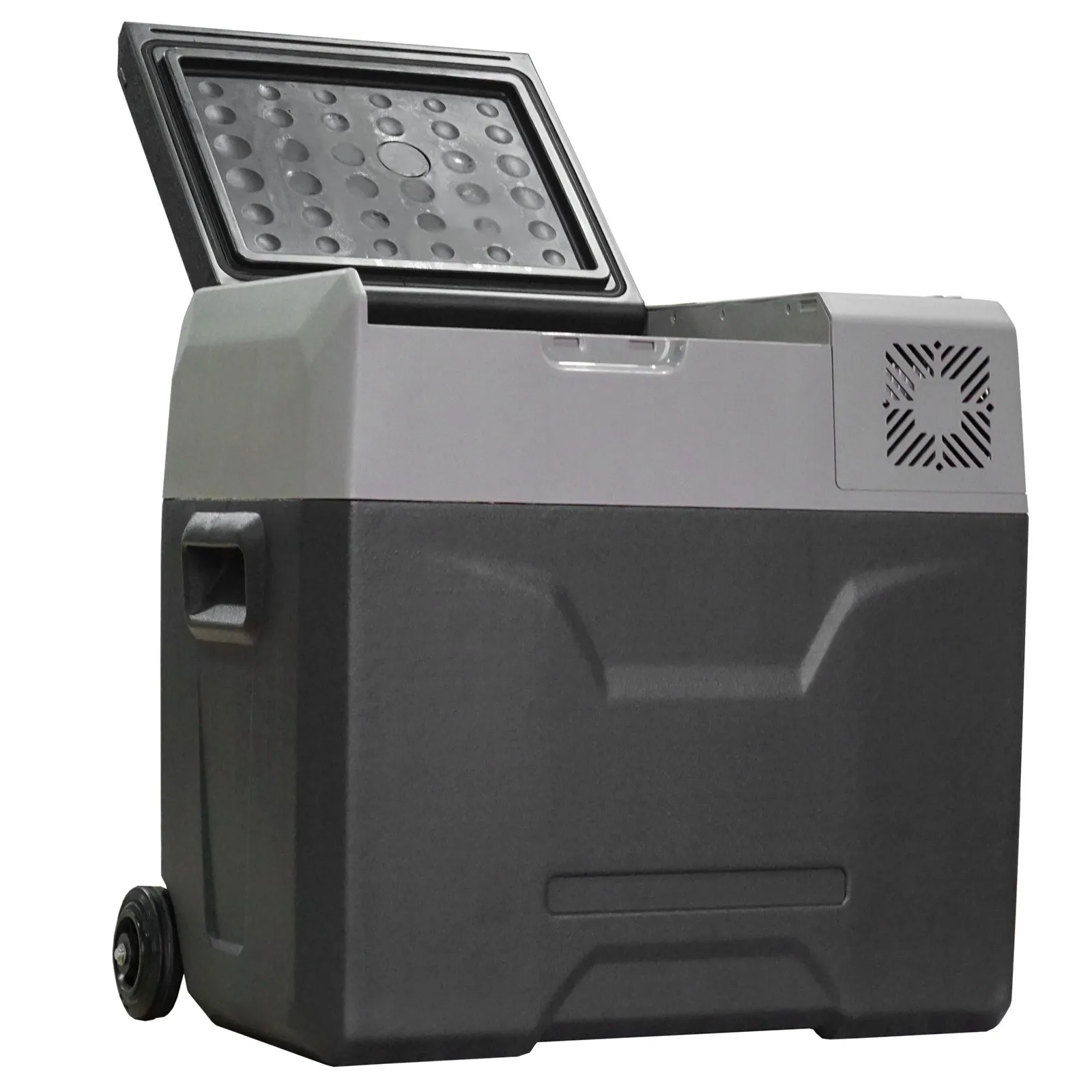 50L Car Fridge with Touch Panel, Handle and 2 Wheels, in Aluminum and Plastic, 58.6x37.8x54.5 cm, Gray