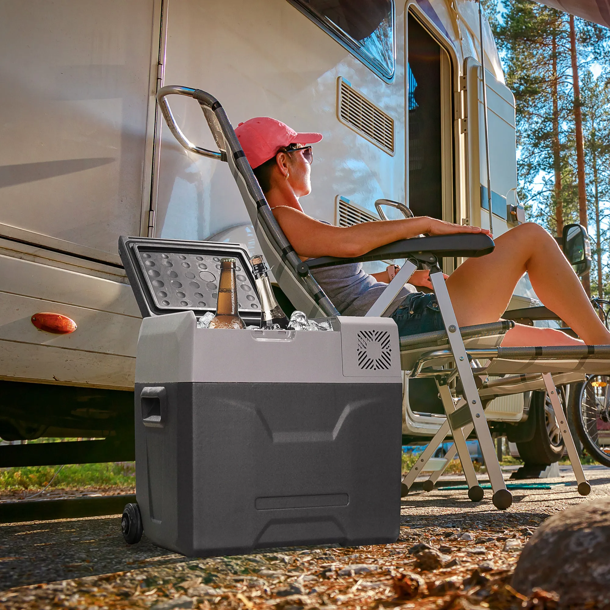 50L Car Fridge with Touch Panel, Handle and 2 Wheels, in Aluminum and Plastic, 58.6x37.8x54.5 cm, Gray - Image 2