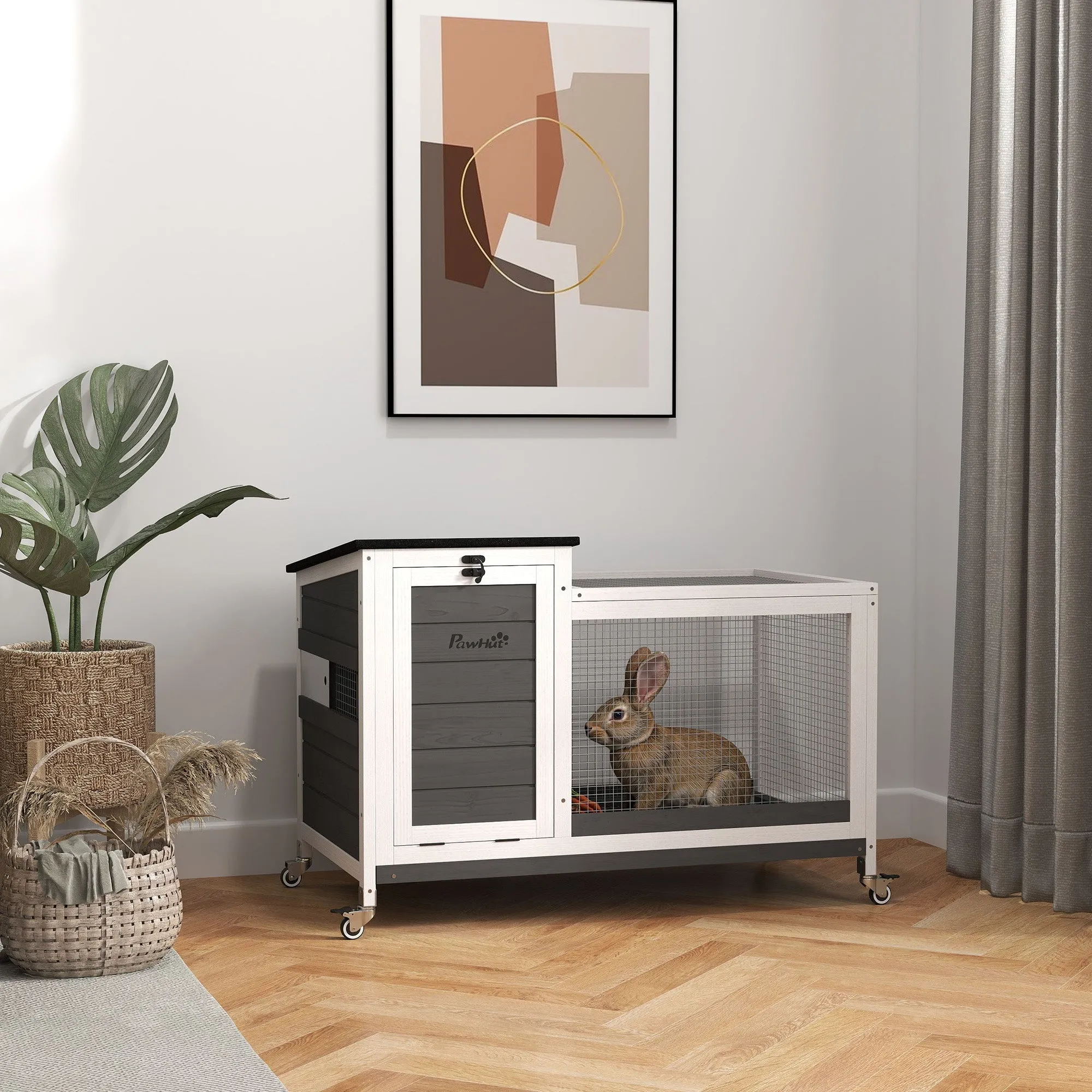 Outdoor Rabbit Hutch on Wheels with Removable Tray, in Fir Wood and Steel, 91x51x66 cm, Multicolor - Image 2