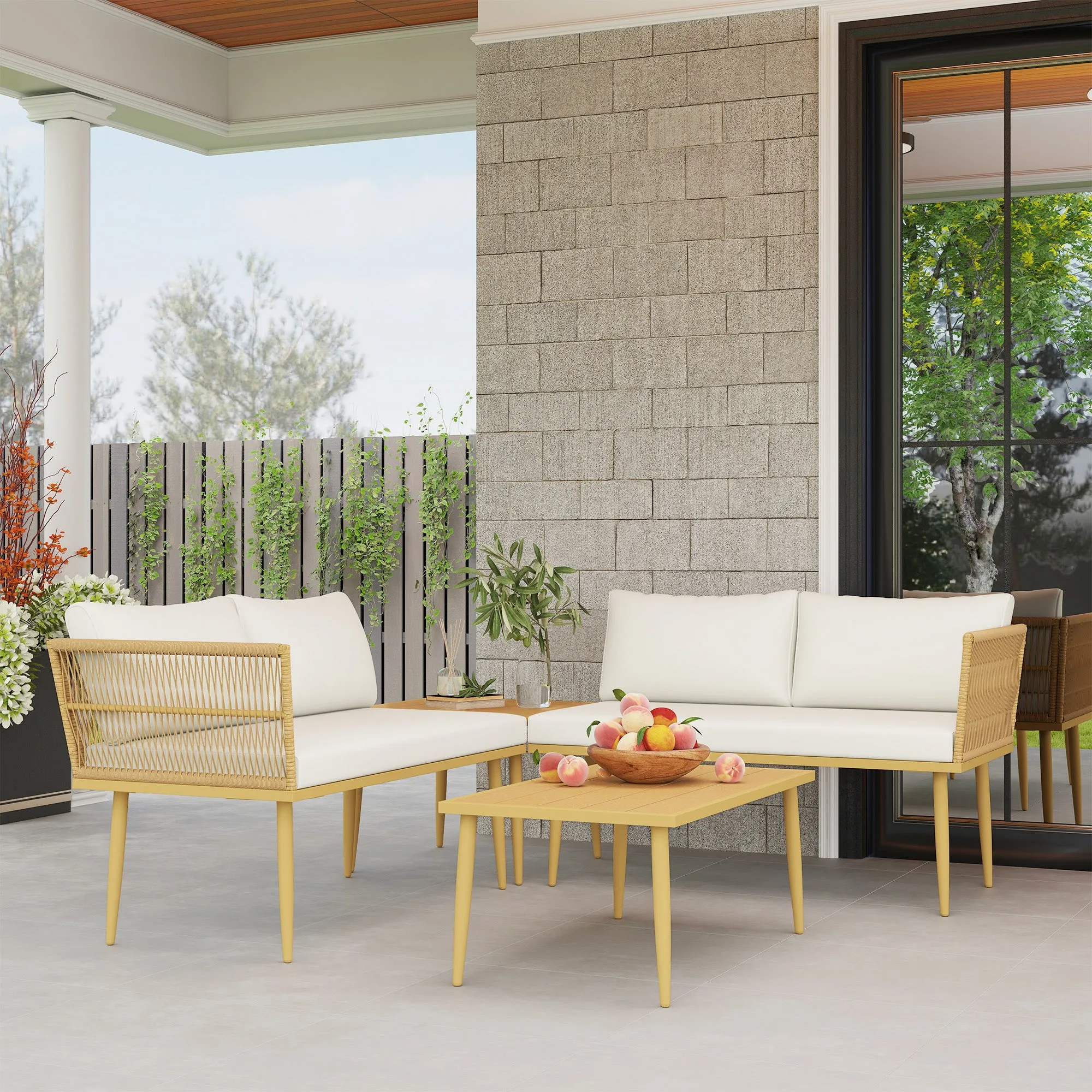 PE Rattan Outdoor Lounge Set with 2 2-Seater Sofas with Cushions and 2 Coffee Tables, Wood Color - Image 2