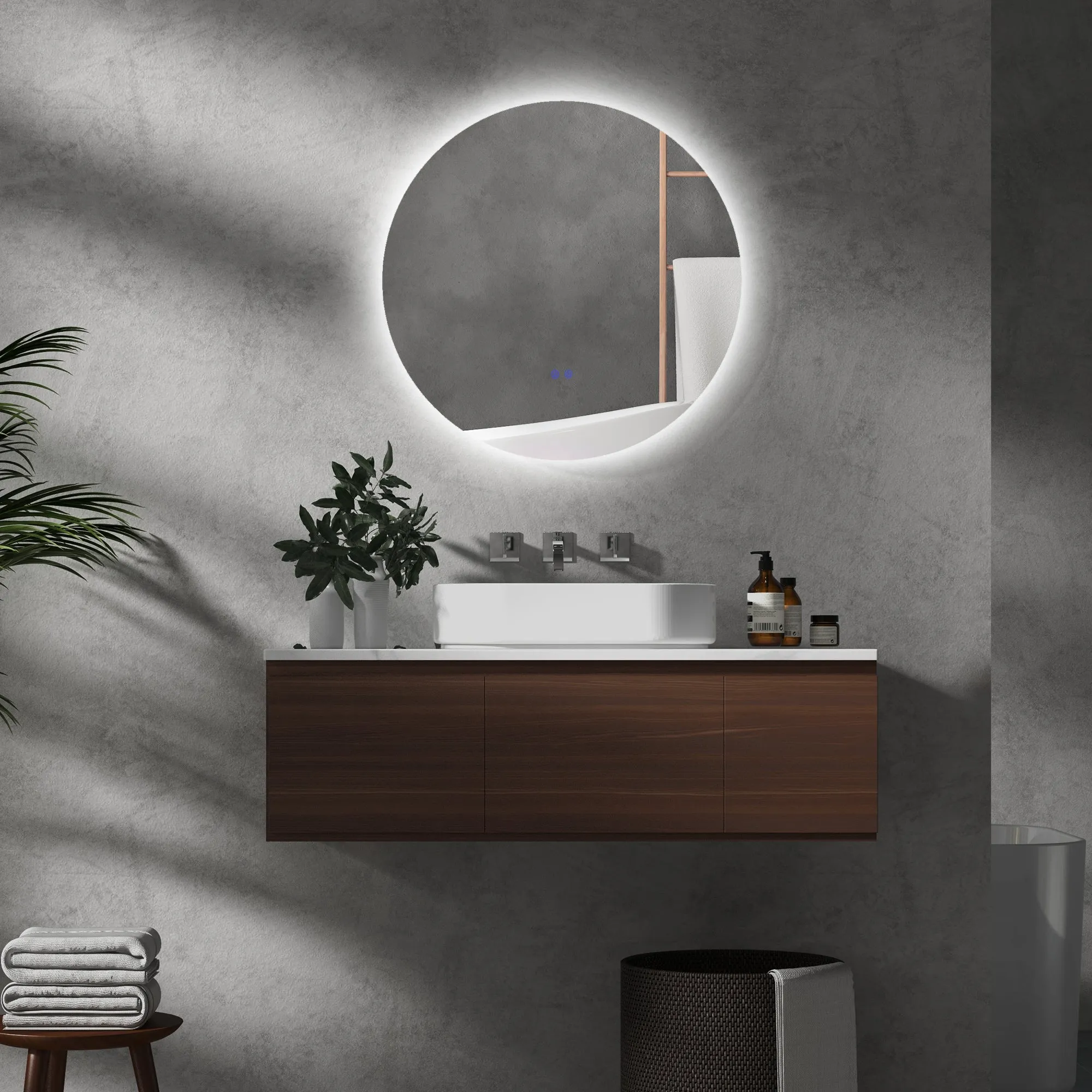 Bathroom Mirror with Dimmable LED Lights, Touch Switches and Anti-Fog Design, Ø70 cm - Image 2