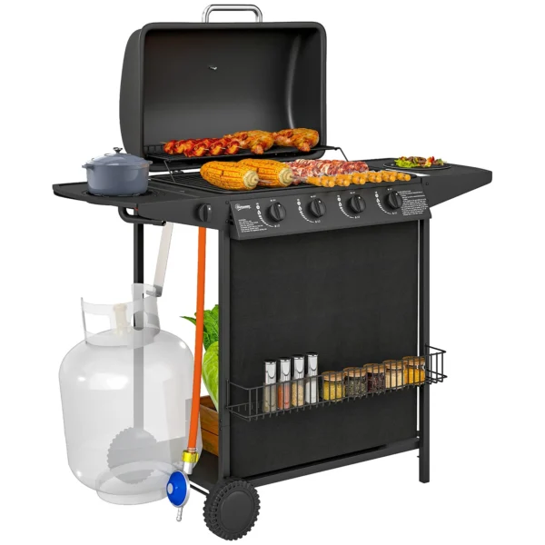 Gas Barbecue with 4+1 Independent Burners and Lid with Thermometer, 121x54x97 cm, Black