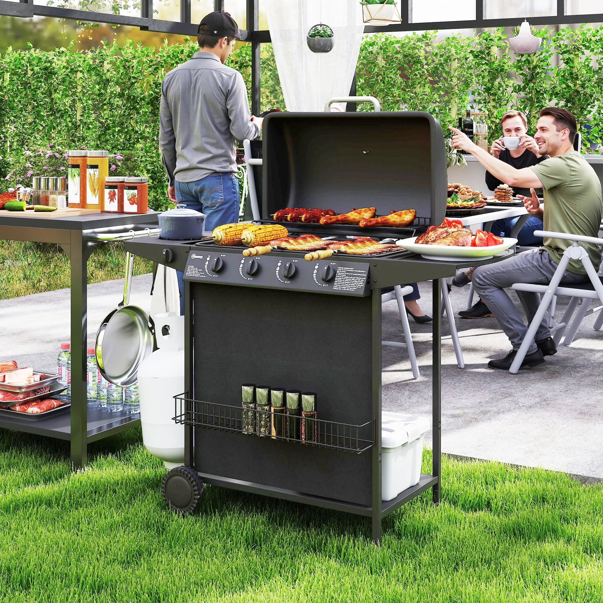 Gas Barbecue with 4+1 Independent Burners and Lid with Thermometer, 121x54x97 cm, Black - Image 2