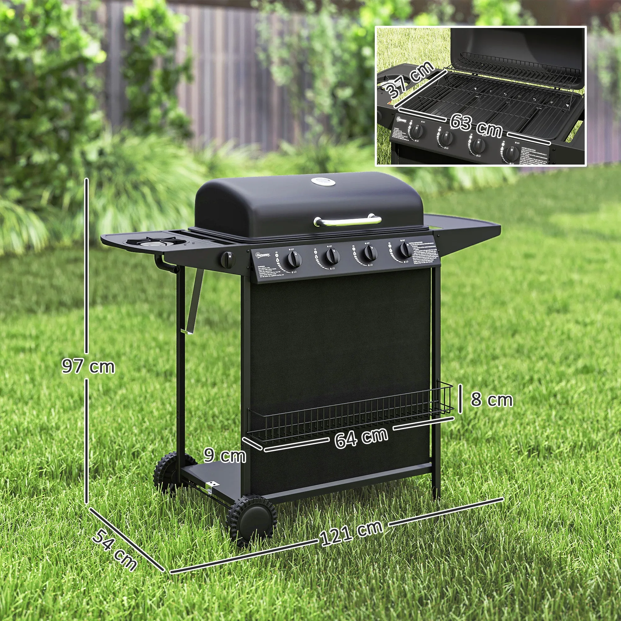 Gas Barbecue with 4+1 Independent Burners and Lid with Thermometer, 121x54x97 cm, Black - Image 3