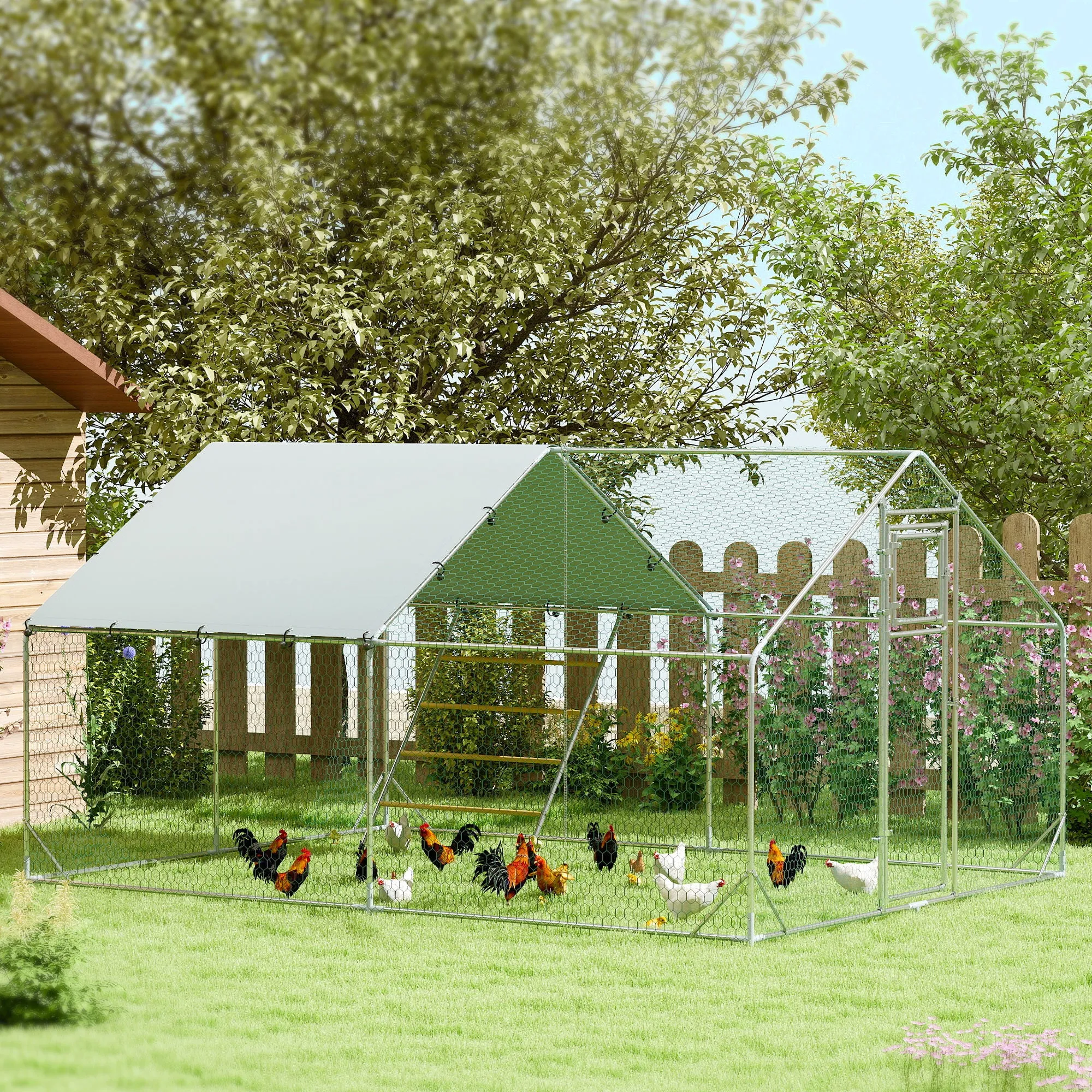 12m² Chicken Run for 12-18 Animals with Waterproof Roof, Feeder and Perch, 3x4x1.9m, Silver - Image 2