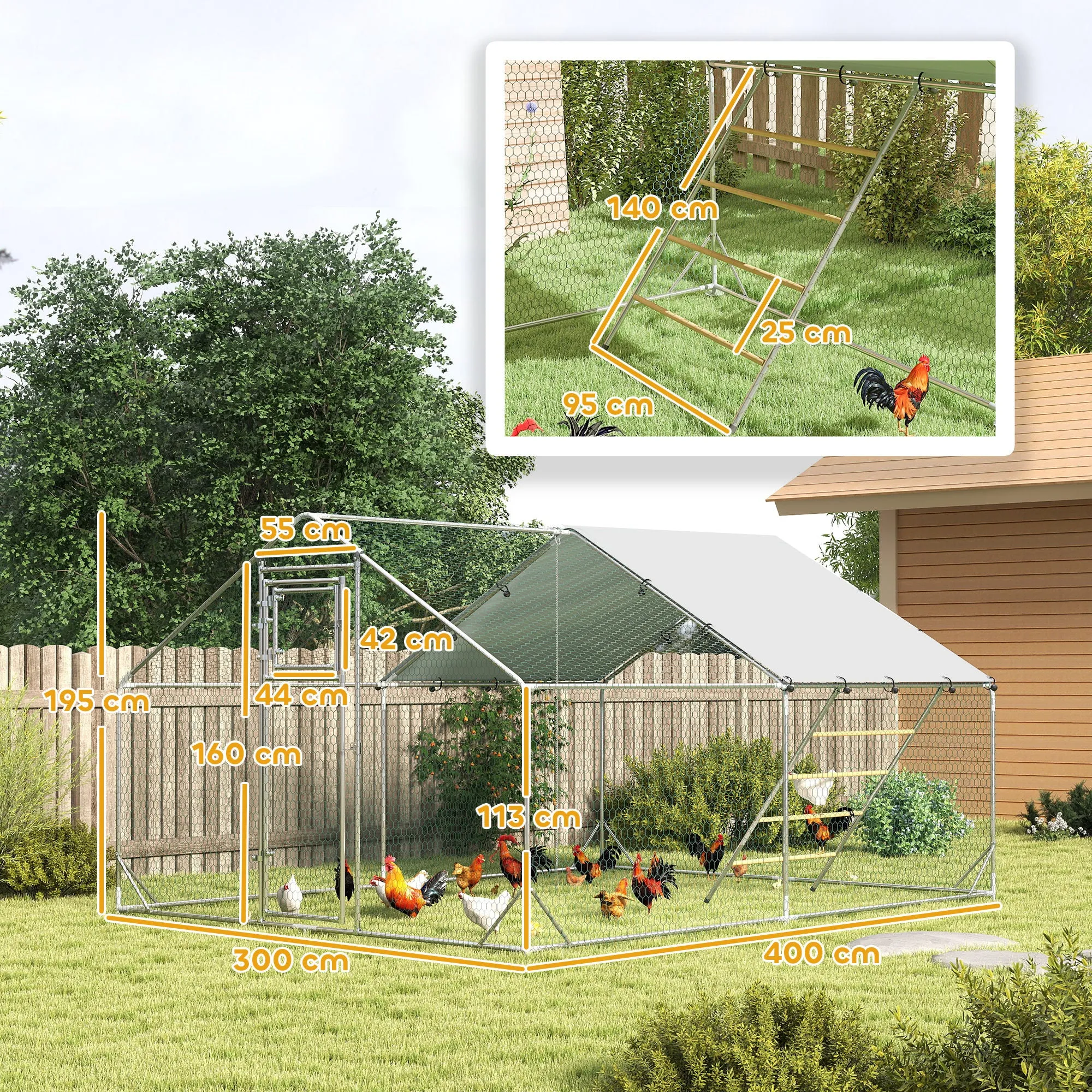 12m² Chicken Run for 12-18 Animals with Waterproof Roof, Feeder and Perch, 3x4x1.9m, Silver - Image 3