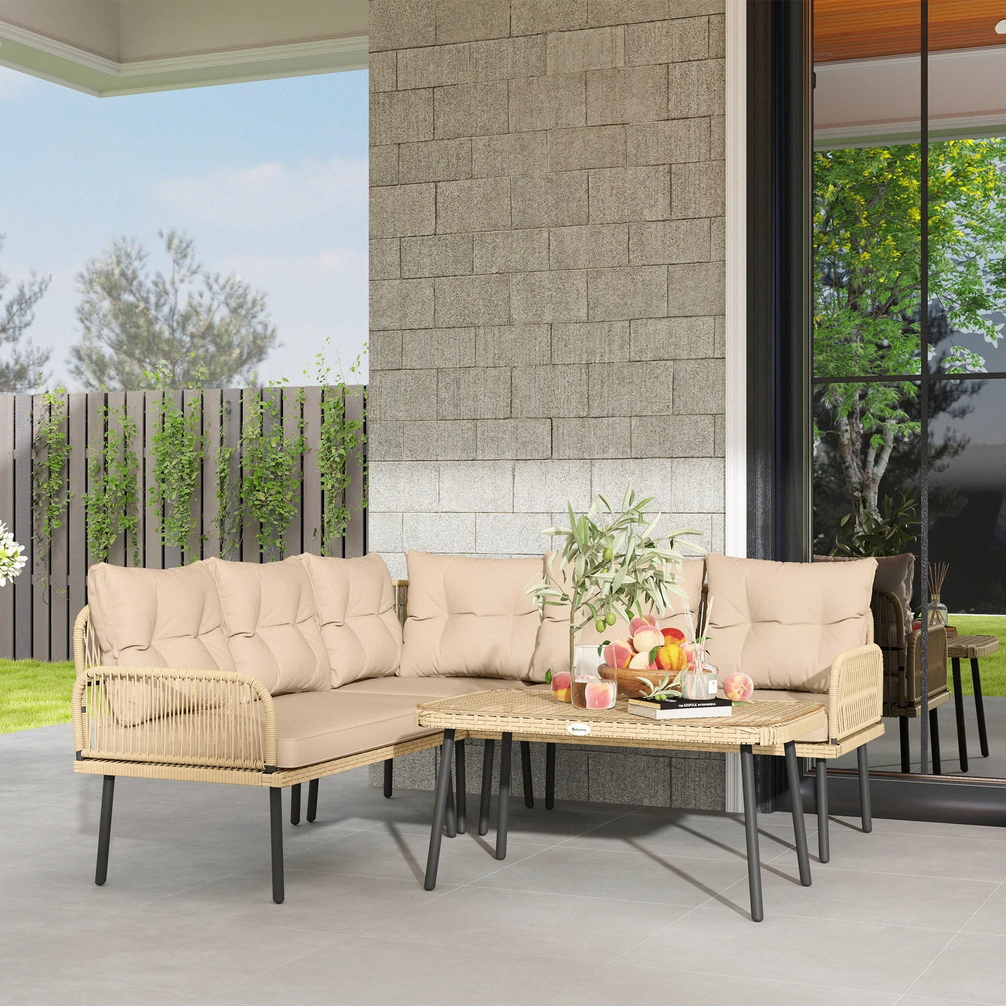 Rattan Garden Lounge Set 2 Sofas and Corner Chair with Cushions, Glass Coffee Table, Wood Color - Image 2